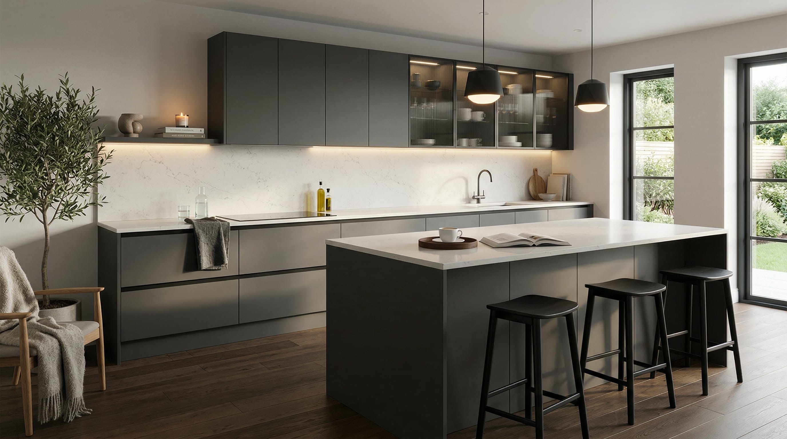 Wide view of a newly completed bespoke Mastercraft kitchen, timber veneer slab-door cabinetry in ivory tones