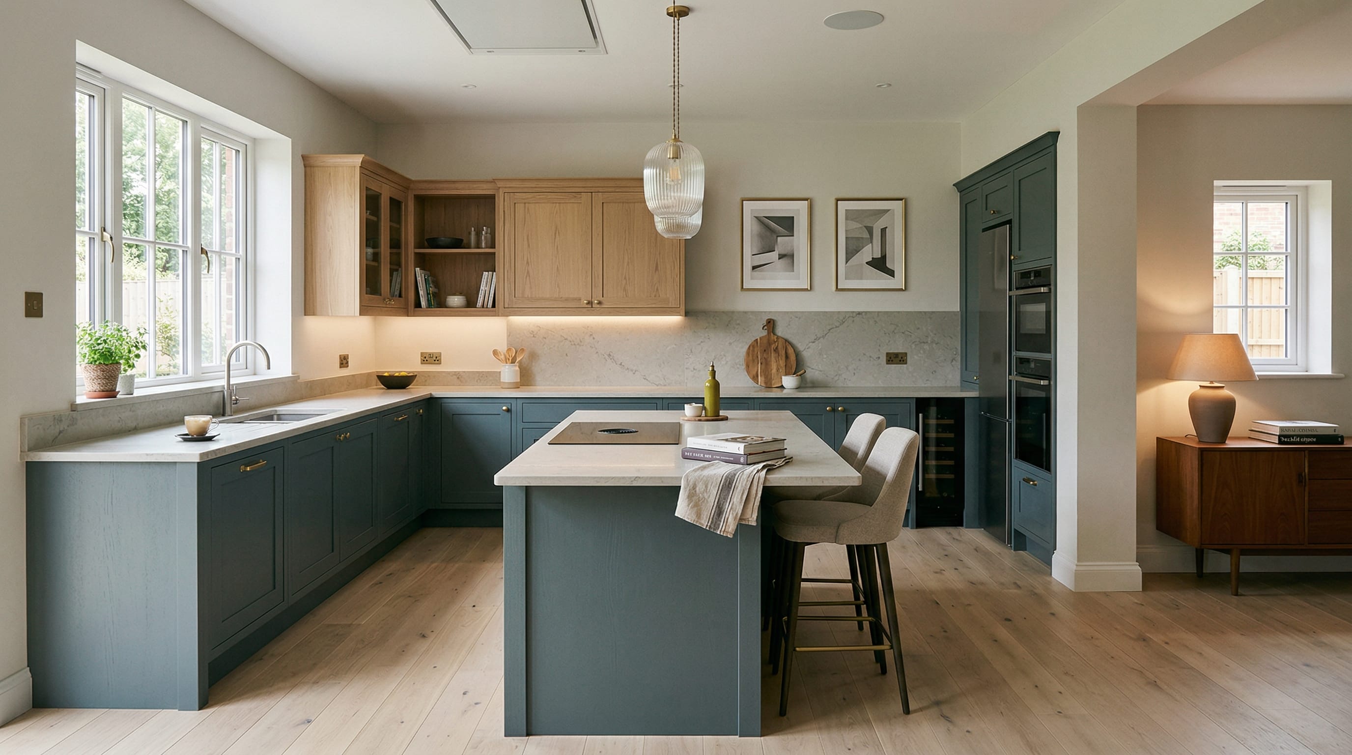 Wide view of a newly completed bespoke Mastercraft kitchen, timber veneer slab-door cabinetry in indigo tones