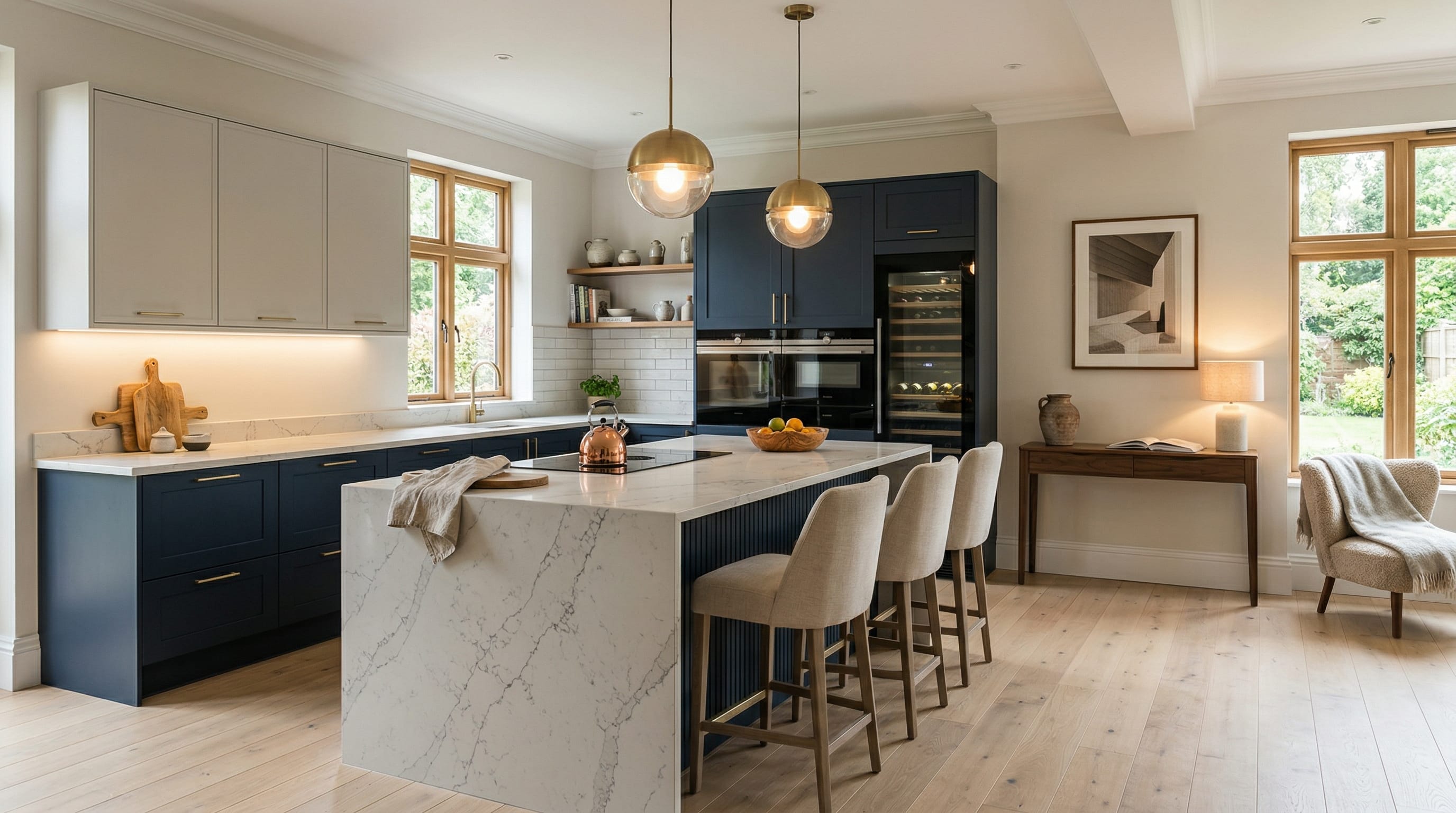 Wide view of a newly completed bespoke Mastercraft kitchen, timber veneer slab-door cabinetry in parisian blue tones