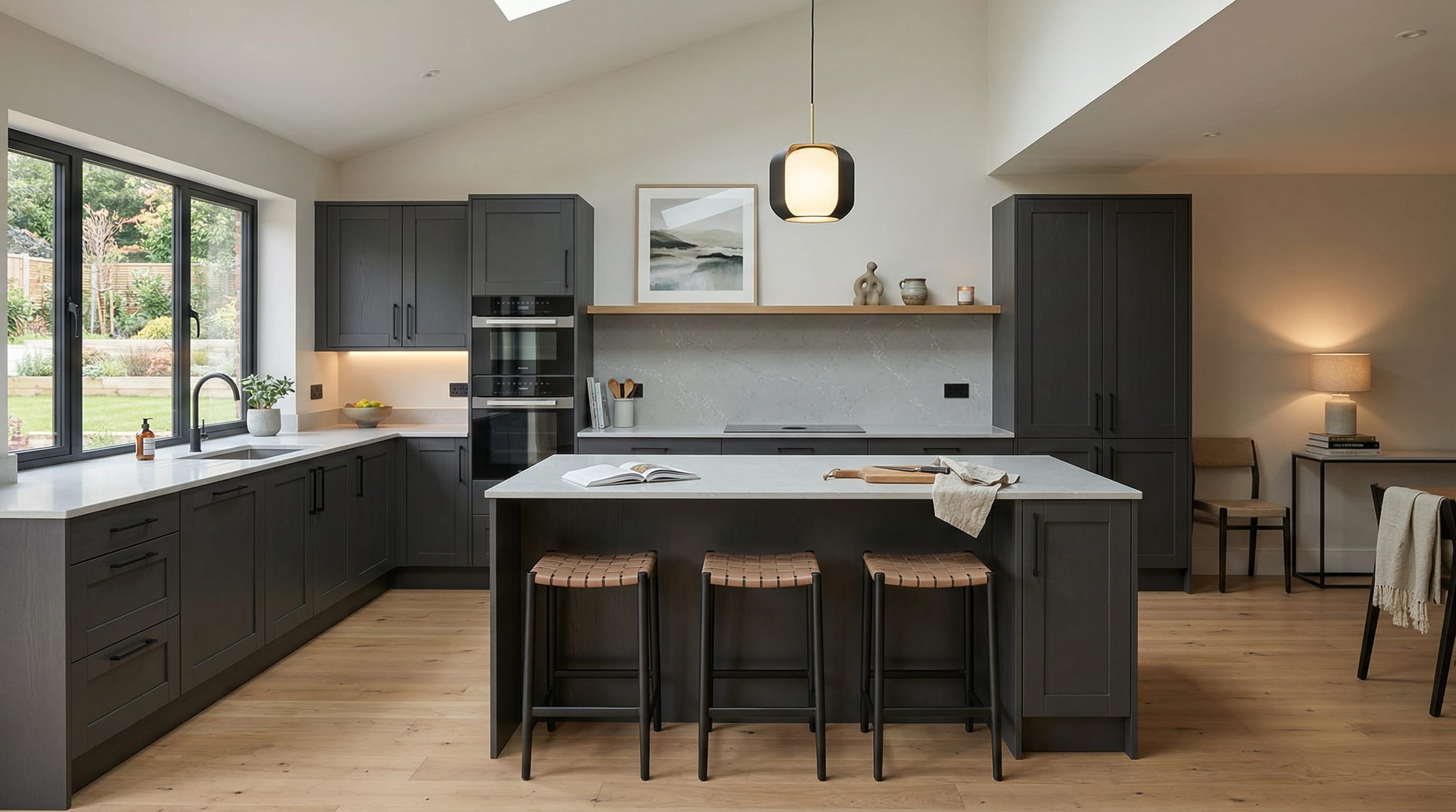 Wide view of a newly completed bespoke Mastercraft kitchen, matt painted handleless slab cabinetry in cardamom tones