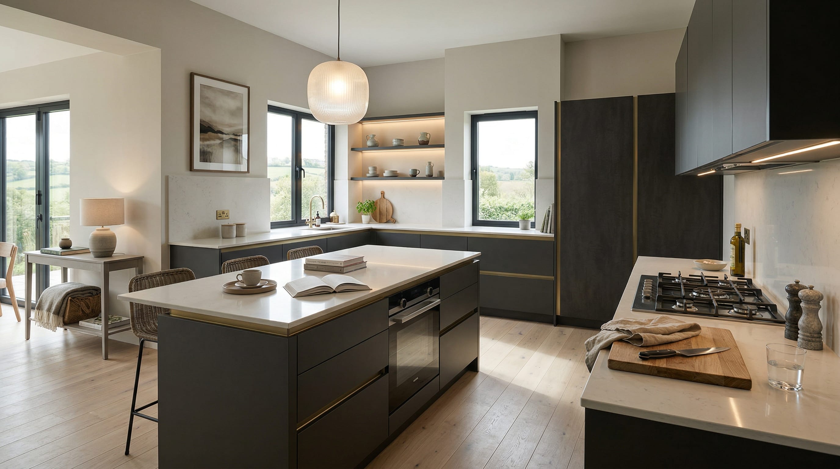 Wide view of a newly completed bespoke Mastercraft kitchen, contemporary painted lay-on cabinetry in cannon black tones