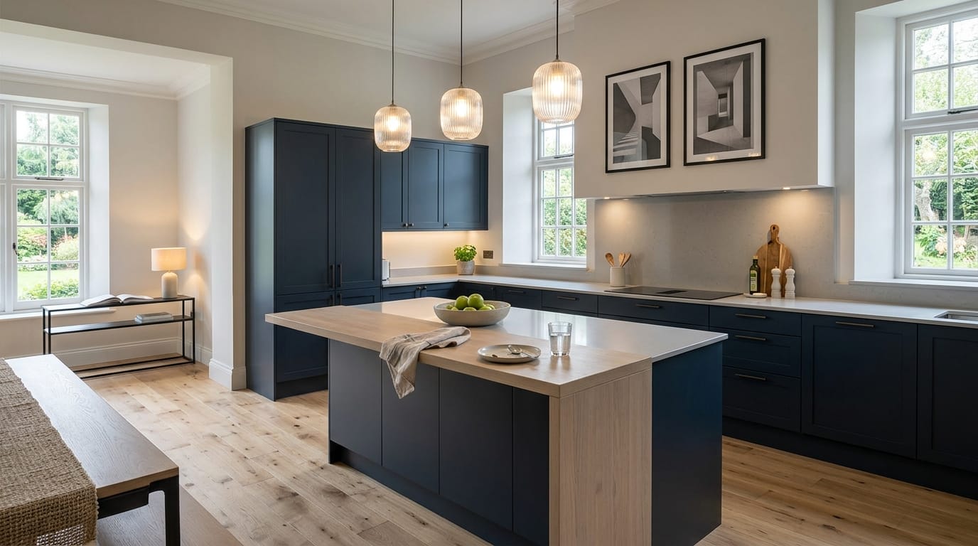 Wide view of a newly completed bespoke Mastercraft kitchen, matt painted handleless slab cabinetry in willow tones