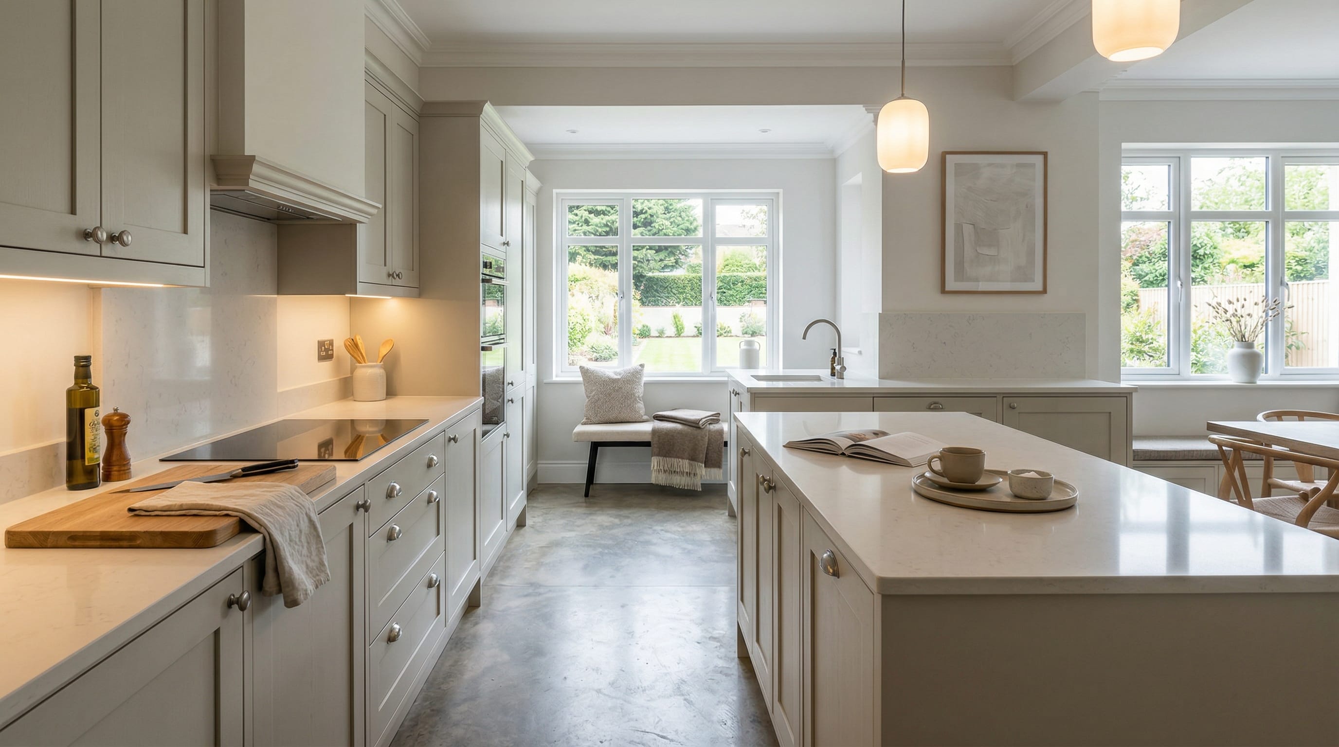 Wide view of a newly completed bespoke Mastercraft kitchen, timber veneer slab-door cabinetry in parisian blue tones