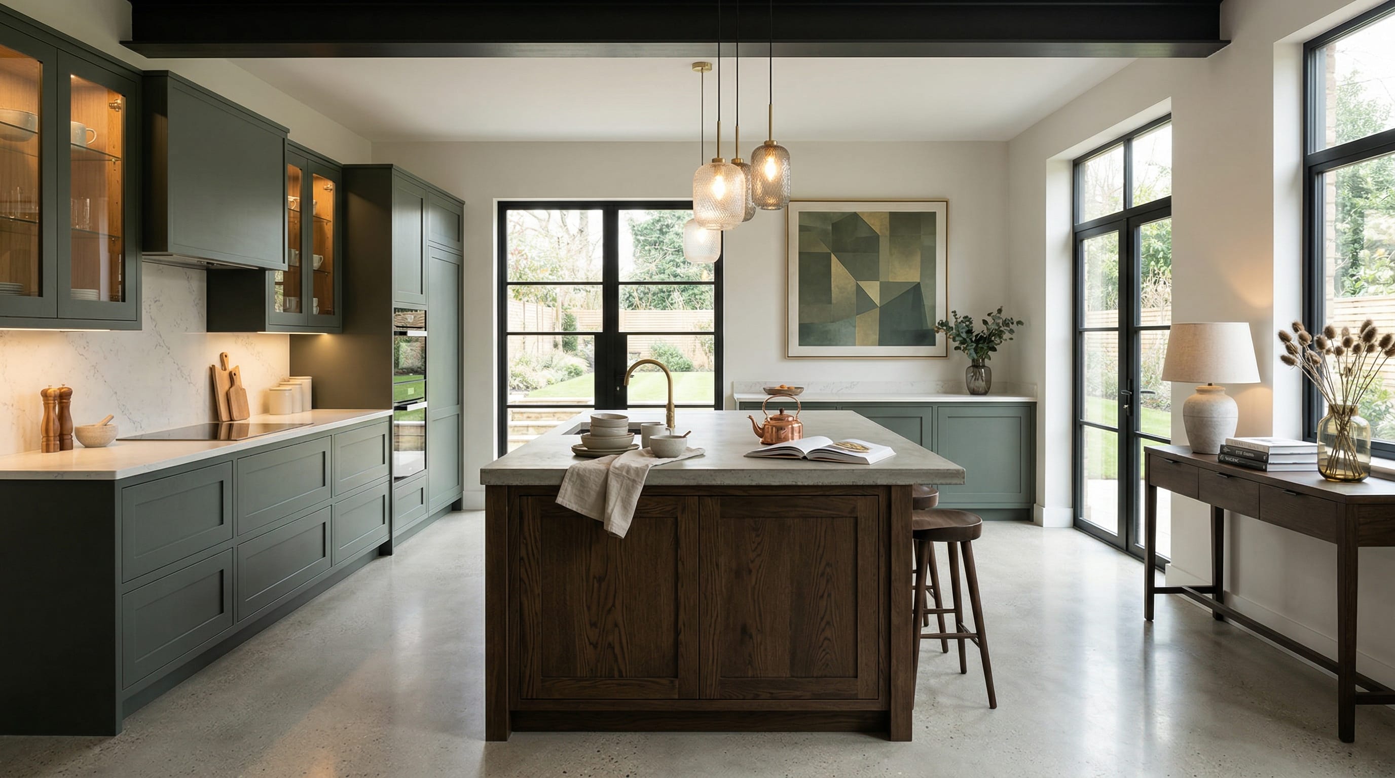 Wide view of a newly completed bespoke Mastercraft kitchen, contemporary painted lay-on cabinetry in lava tones