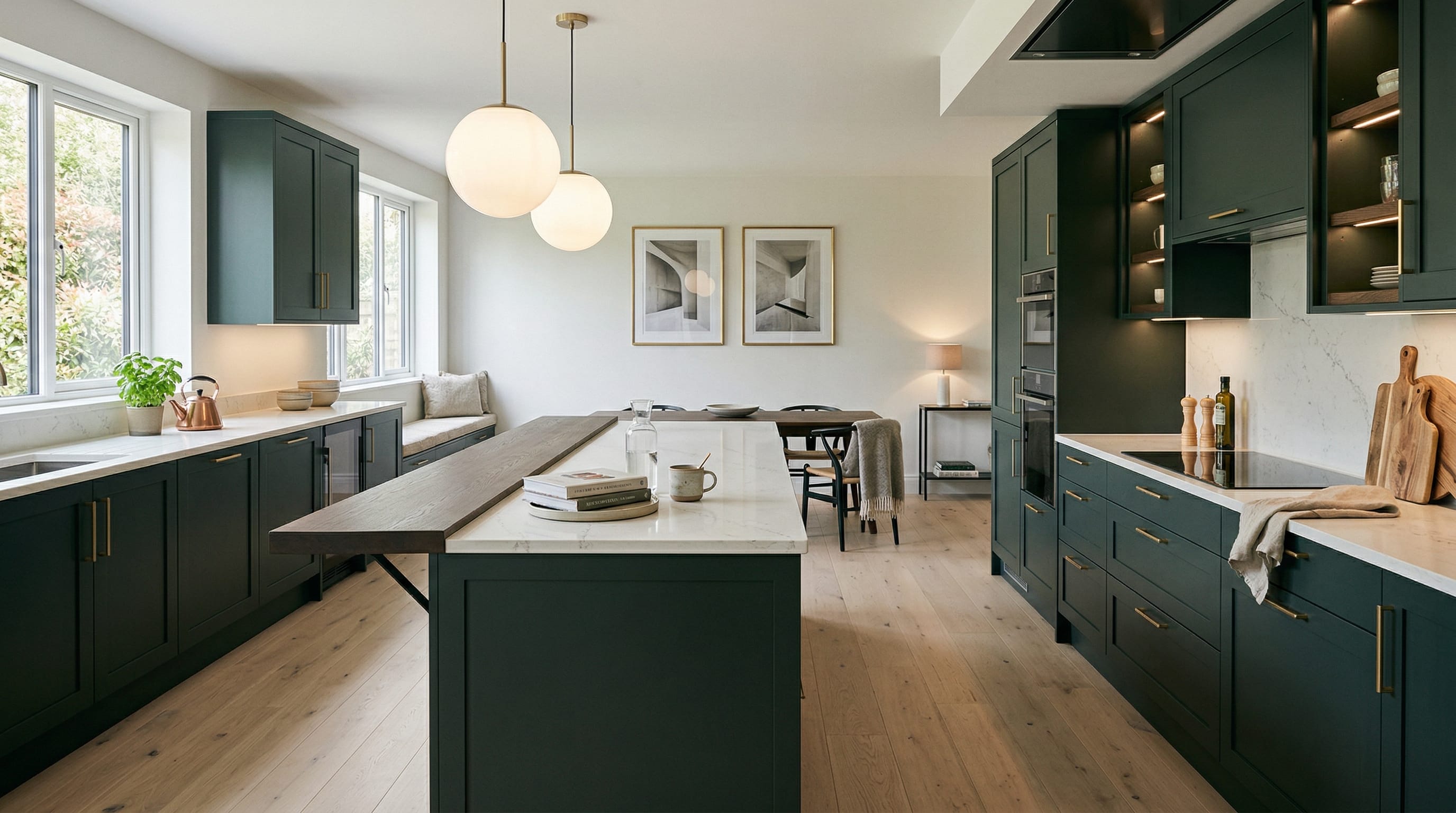 Wide view of a newly completed bespoke Mastercraft kitchen, contemporary in-frame cabinetry in shell tones