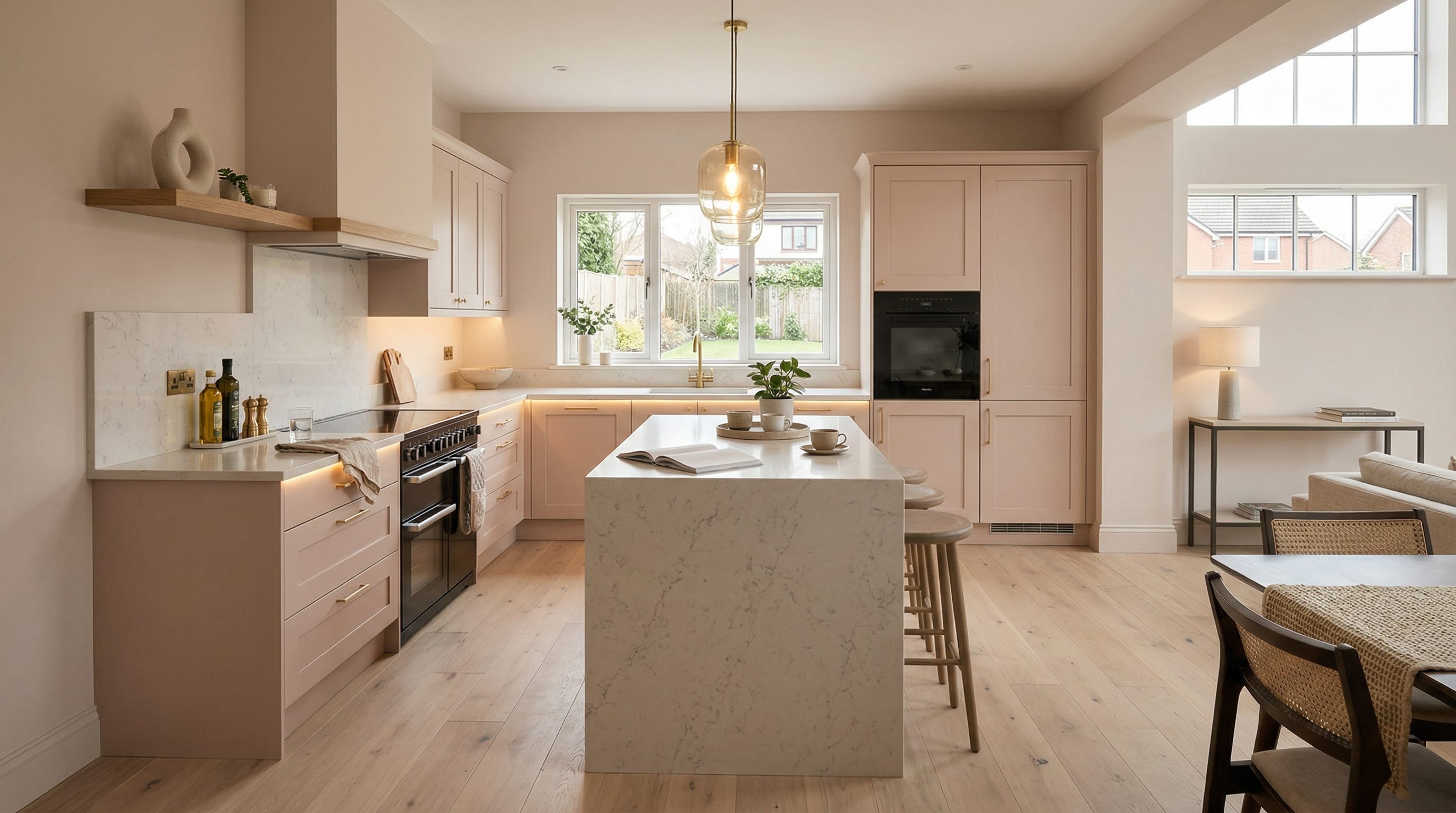 Wide view of a newly completed bespoke Mastercraft kitchen, contemporary painted lay-on cabinetry in monument grey tones