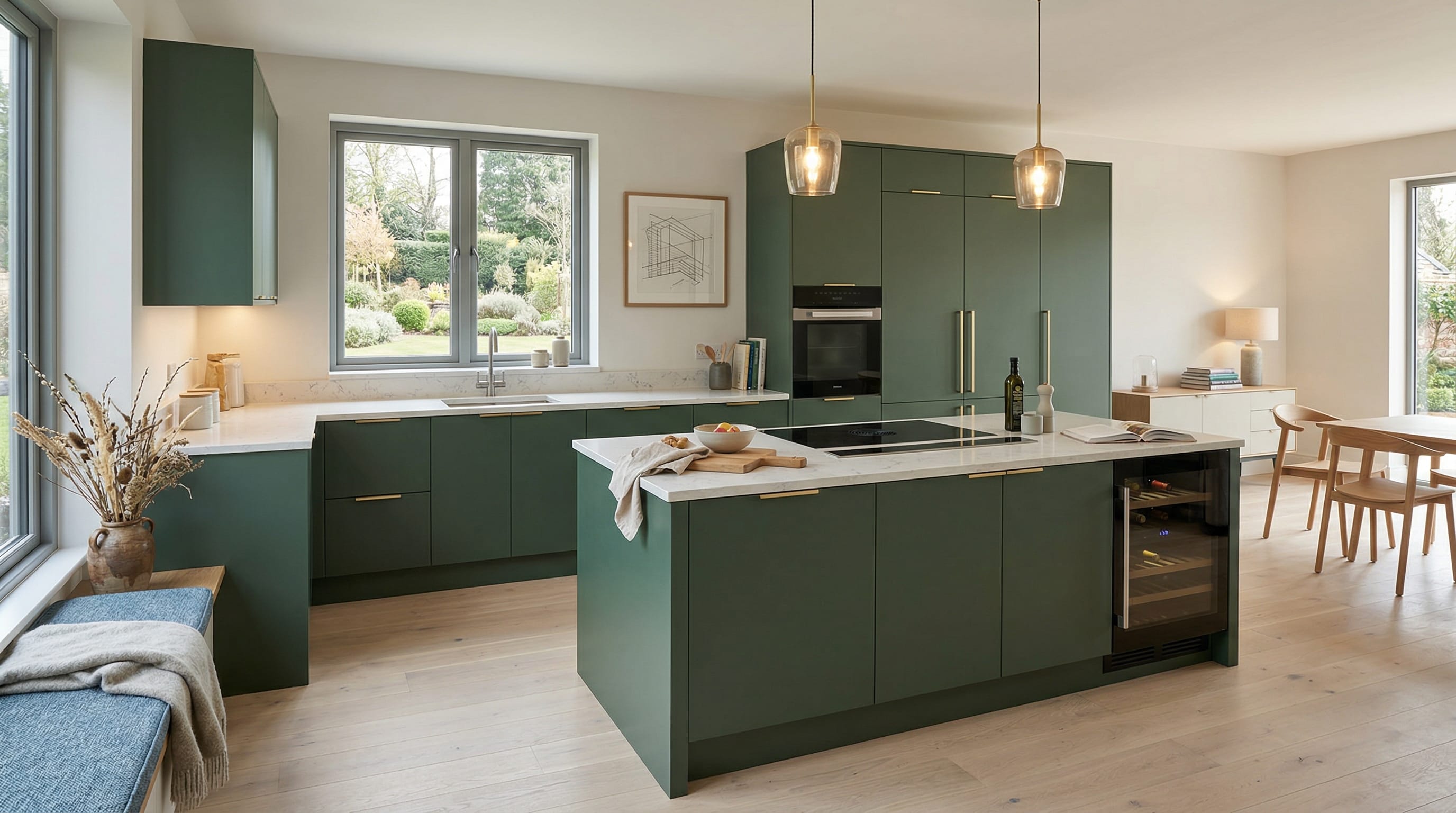 Wide view of a newly completed bespoke Mastercraft kitchen, matt painted handleless slab cabinetry in indigo tones