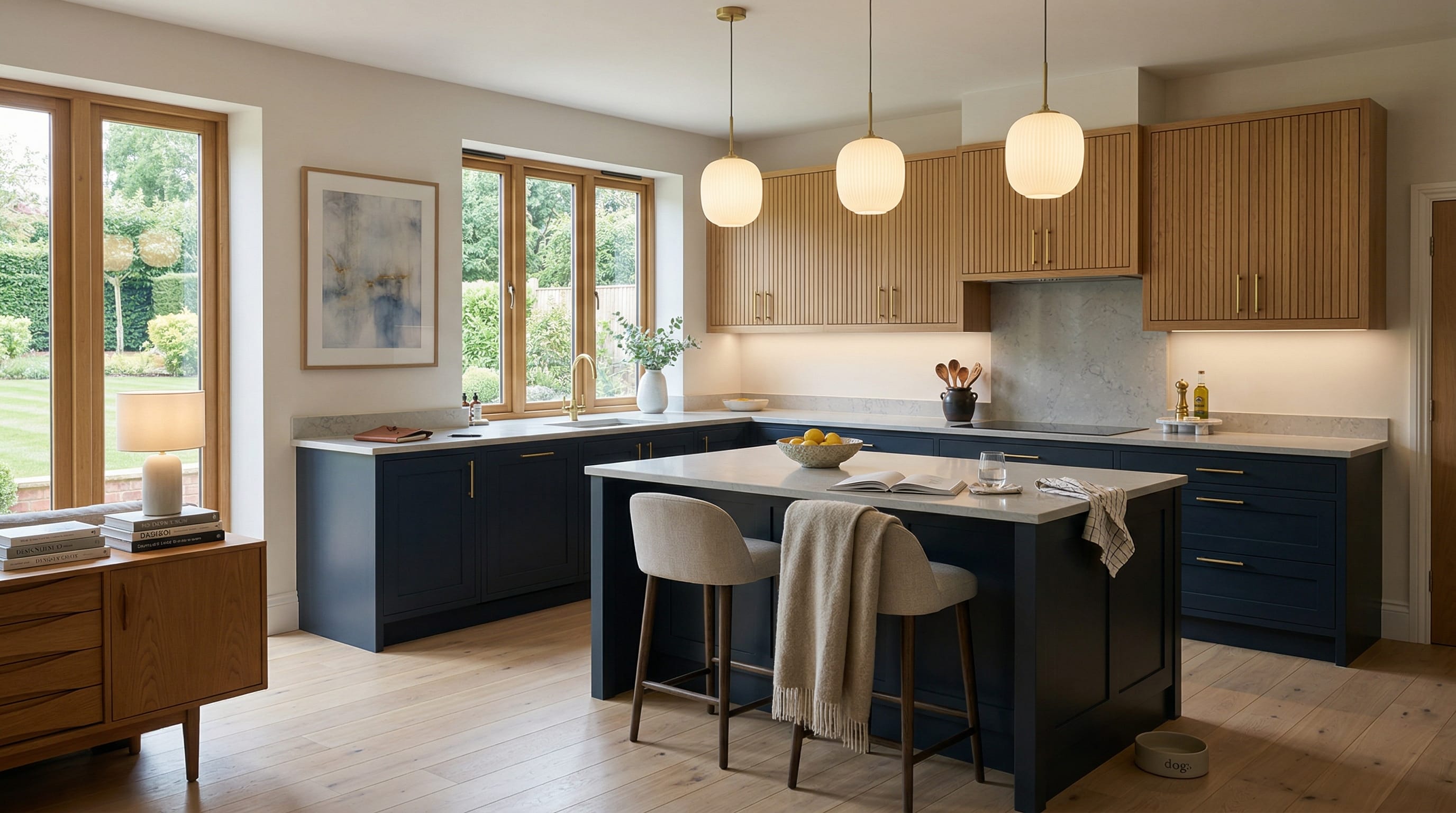 Wide view of a newly completed bespoke Mastercraft kitchen, timber veneer slab-door cabinetry in taupe grey tones