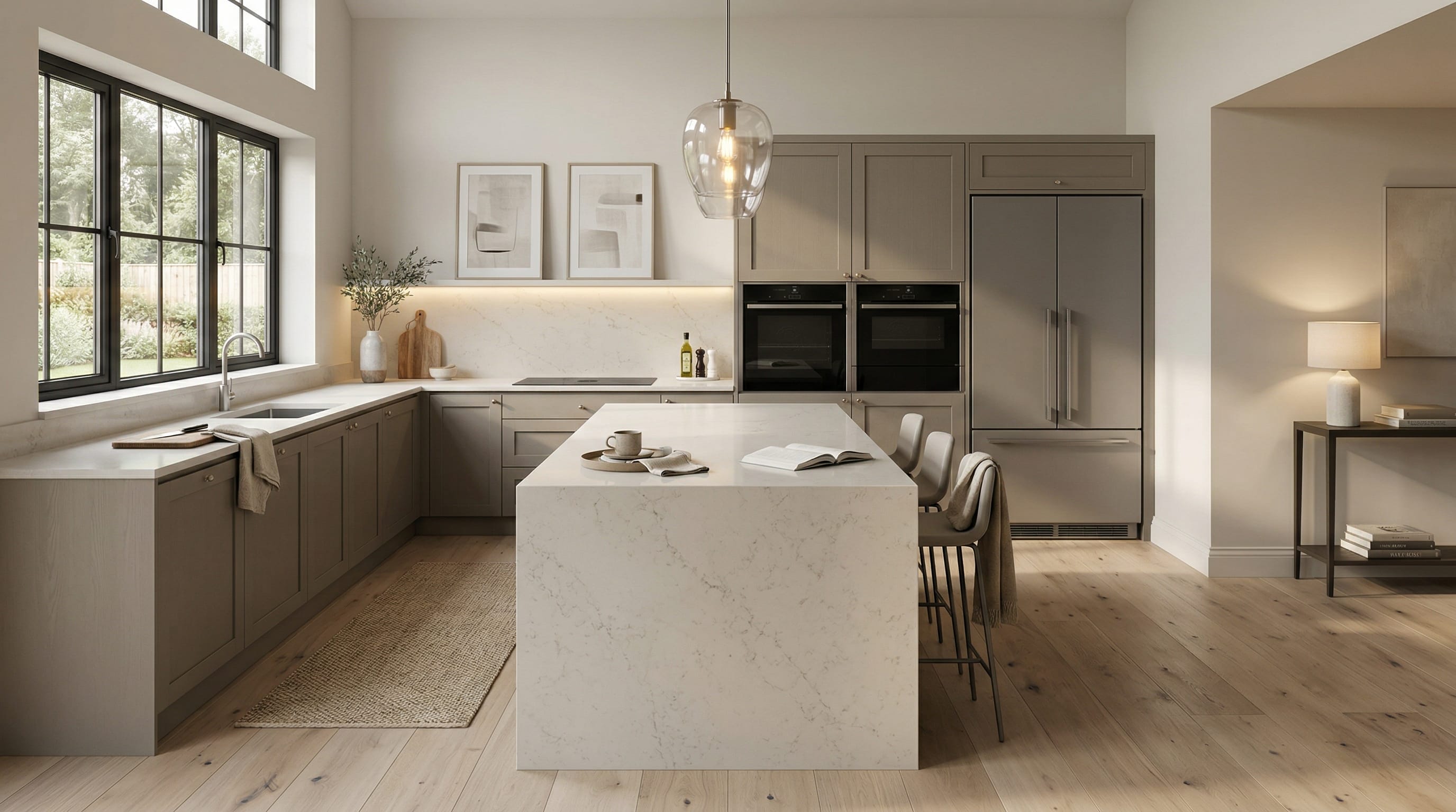 Wide view of a newly completed bespoke Mastercraft kitchen, contemporary painted lay-on cabinetry in shell tones