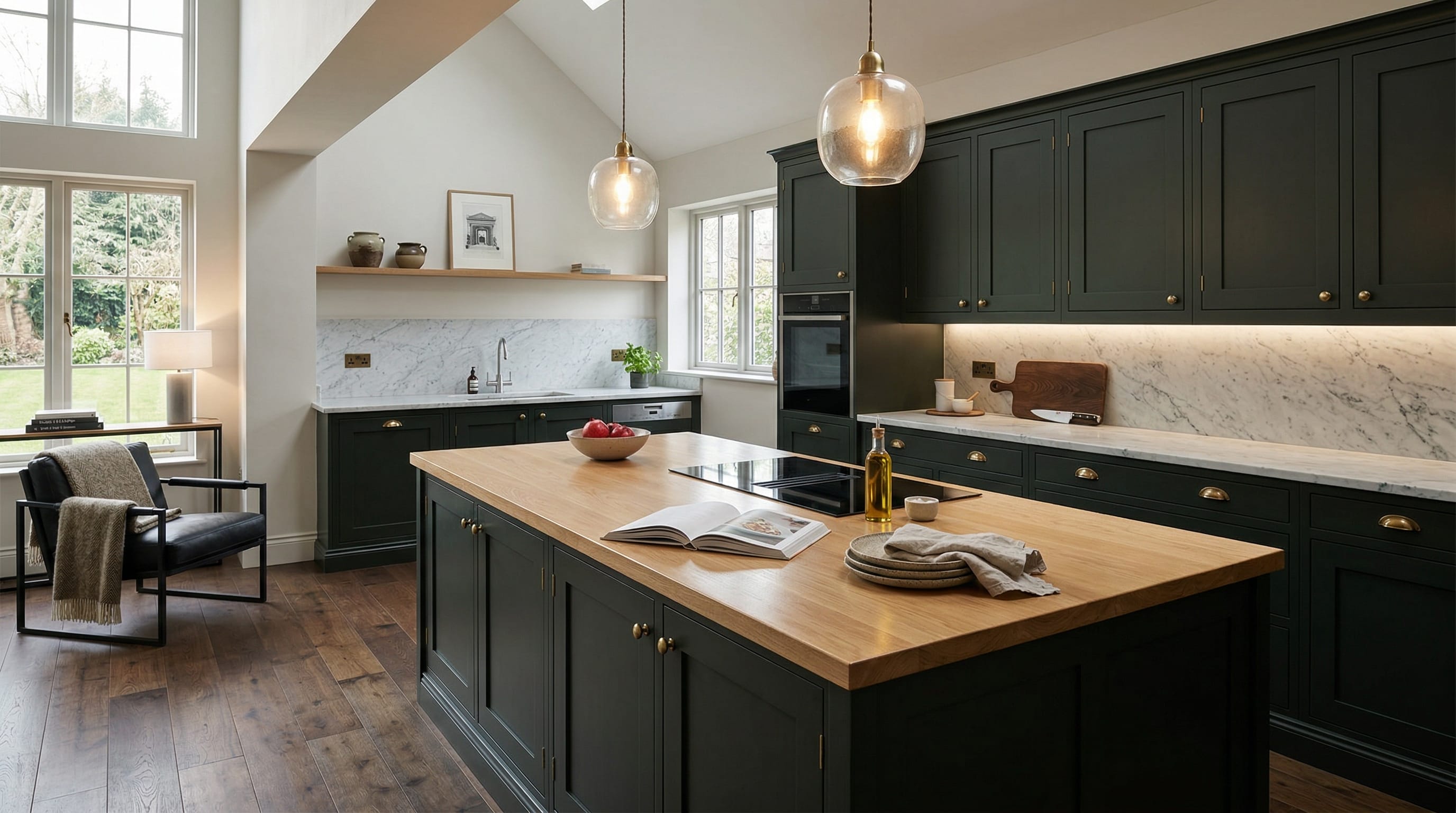 Wide view of a newly completed bespoke Mastercraft kitchen, contemporary painted lay-on cabinetry in lava tones