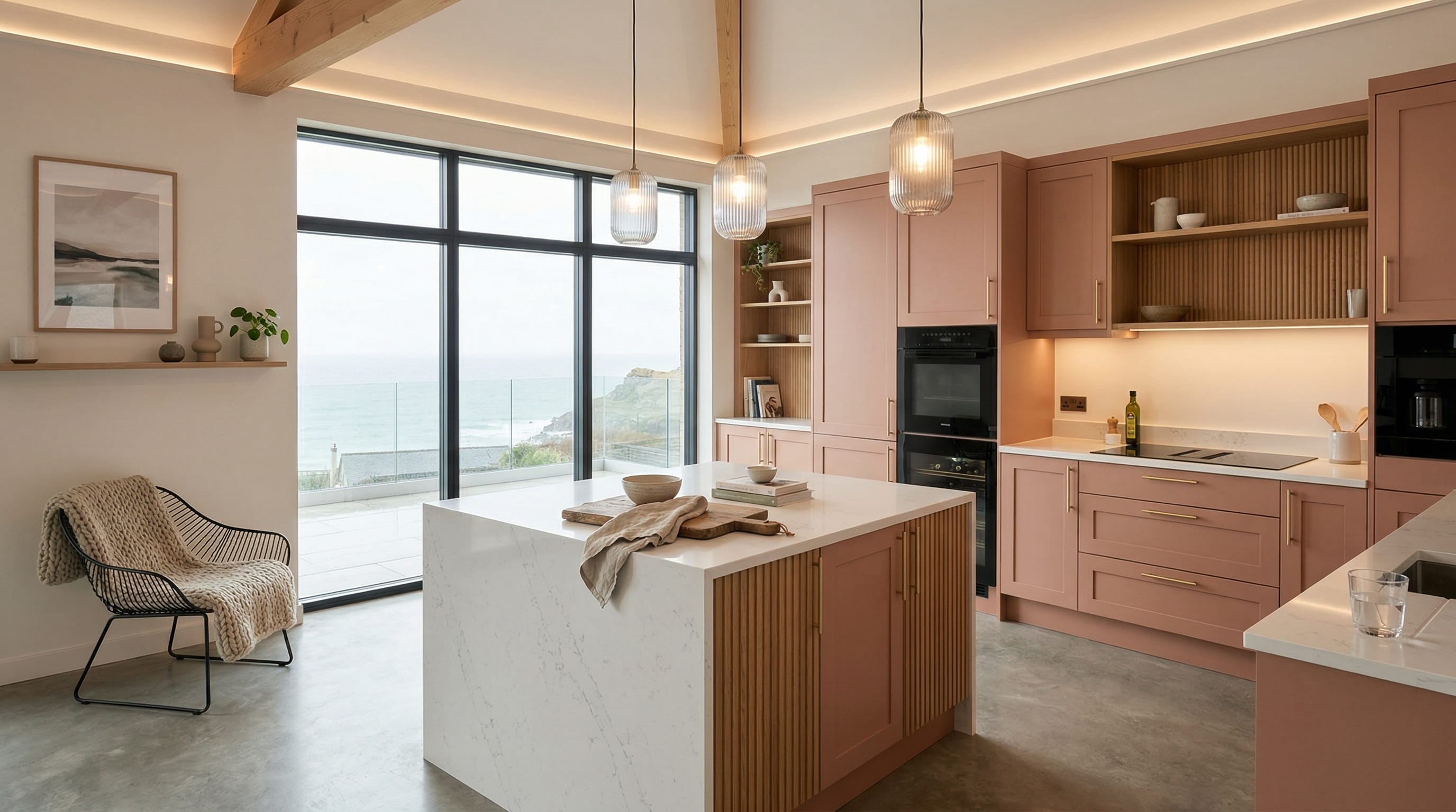 Wide view of a newly completed bespoke Mastercraft kitchen, matt painted handleless slab cabinetry in monument grey tones