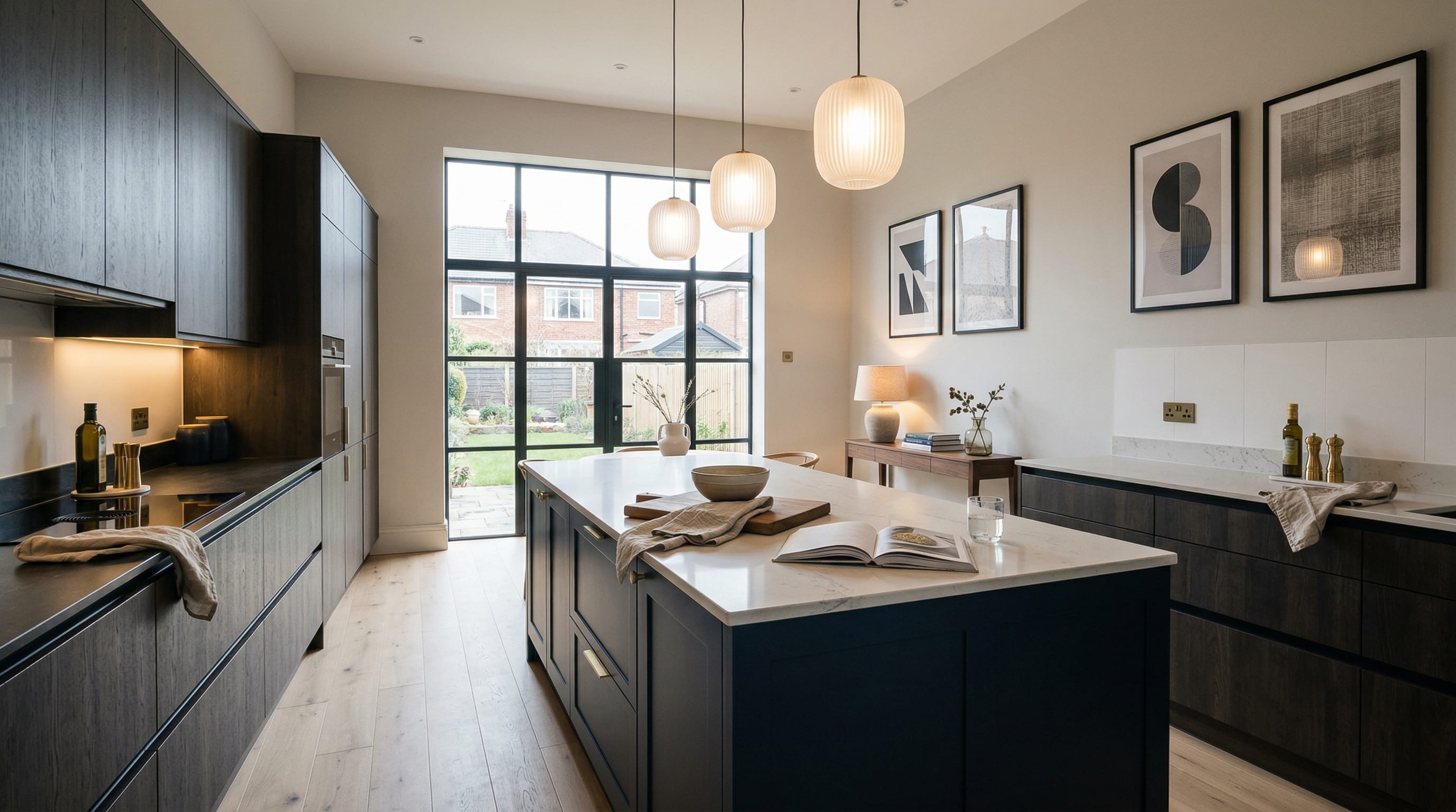 Wide view of a newly completed bespoke Mastercraft kitchen, matt painted handleless slab cabinetry in parisian blue tones