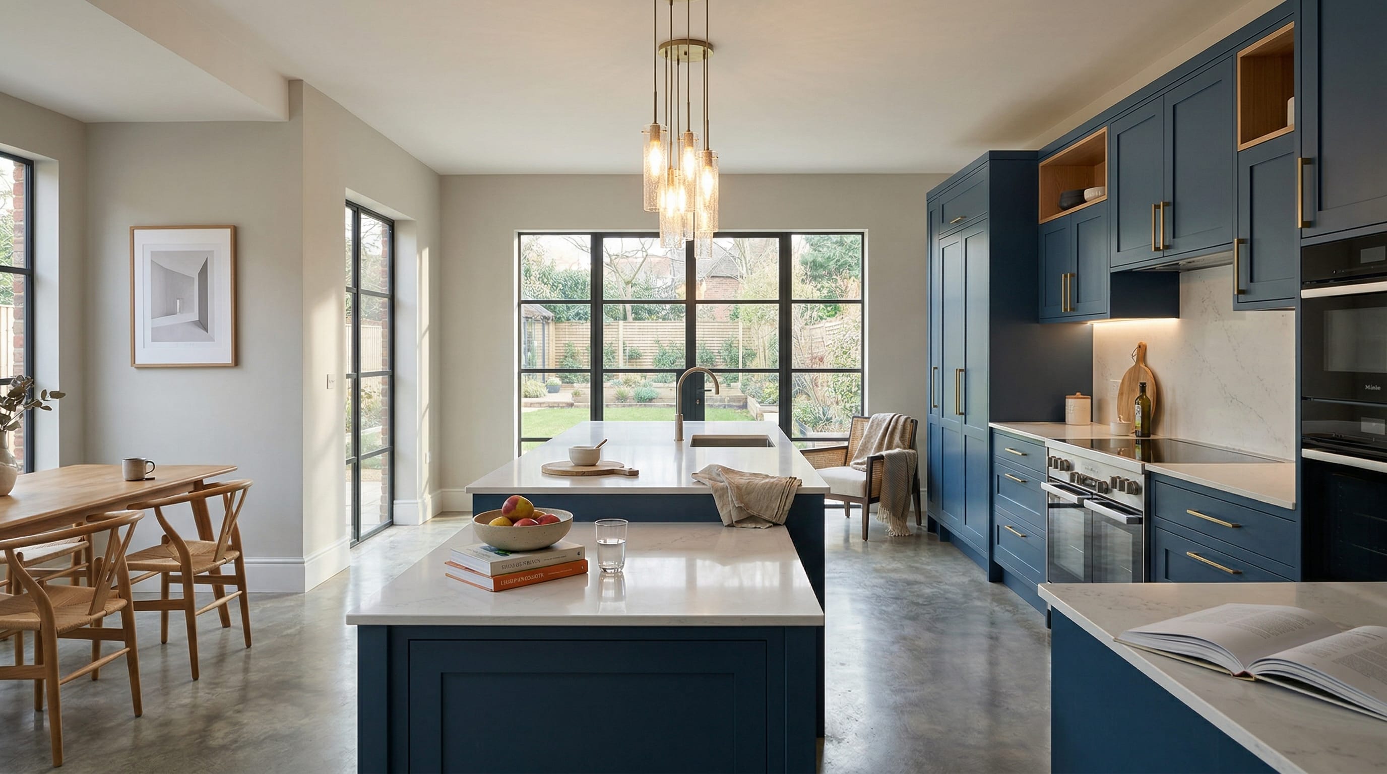 Wide view of a newly completed bespoke Mastercraft kitchen, modern shaker cabinetry in cannon black tones