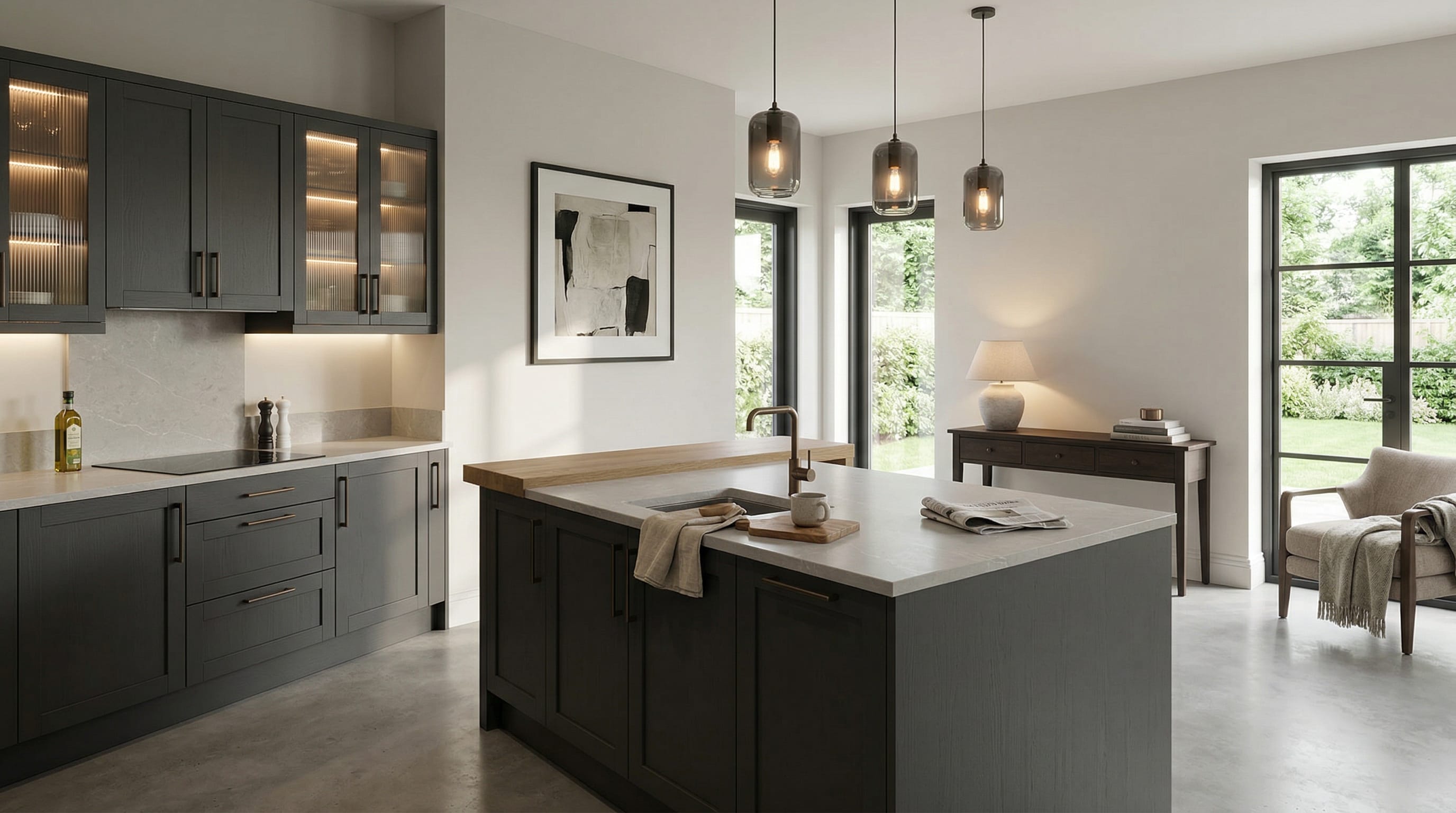 Wide view of a newly completed bespoke Mastercraft kitchen, matt painted handleless slab cabinetry in gunmetal grey tones