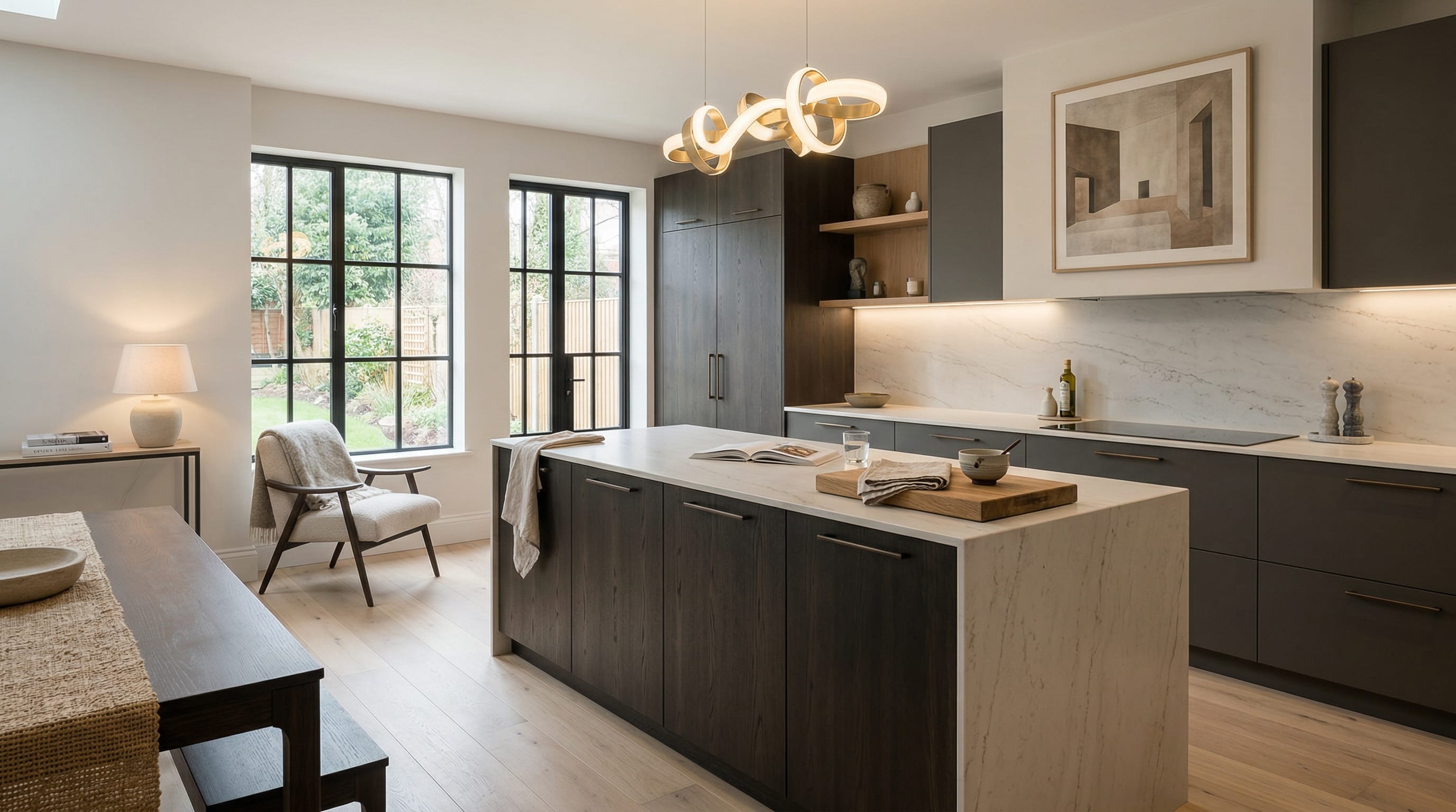 Wide view of a newly completed bespoke Mastercraft kitchen, timber veneer slab-door cabinetry in light teal tones