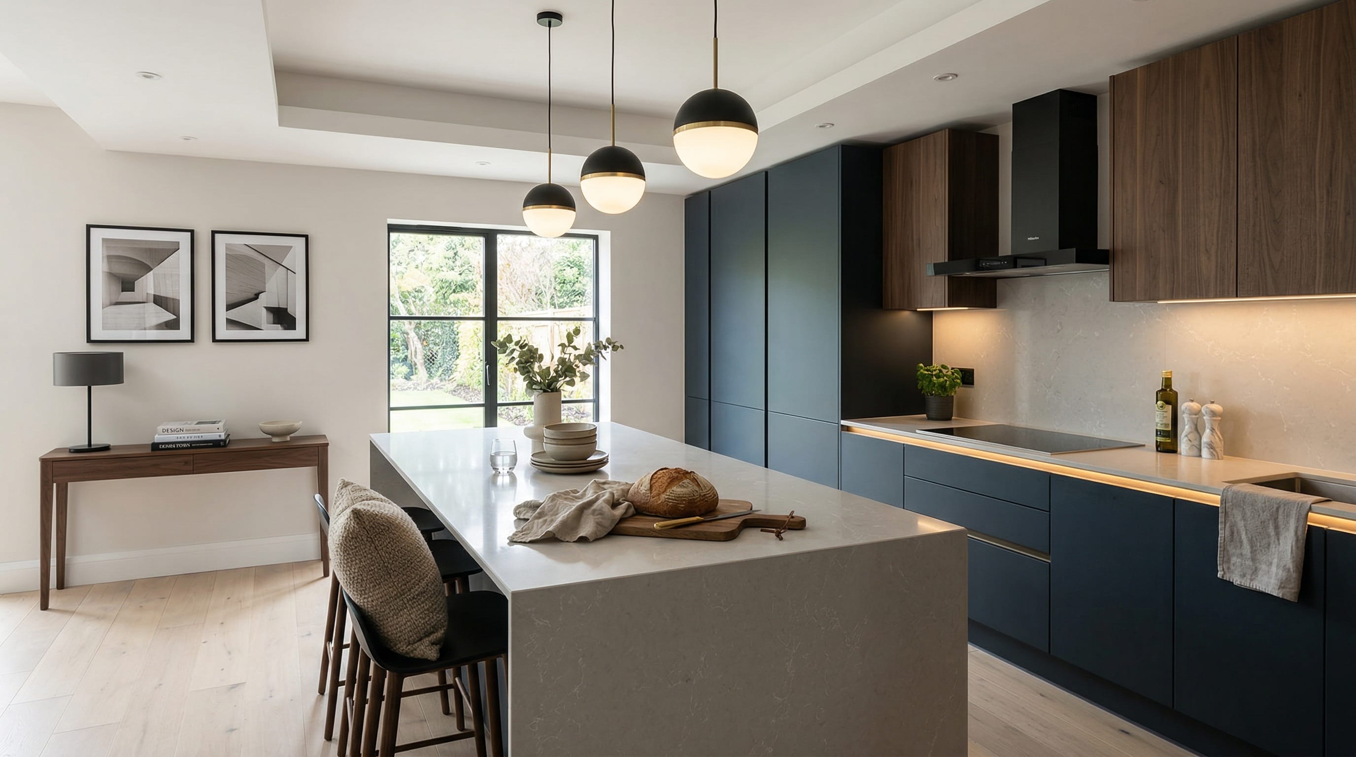Wide view of a newly completed bespoke Mastercraft kitchen, modern shaker cabinetry in light grey tones