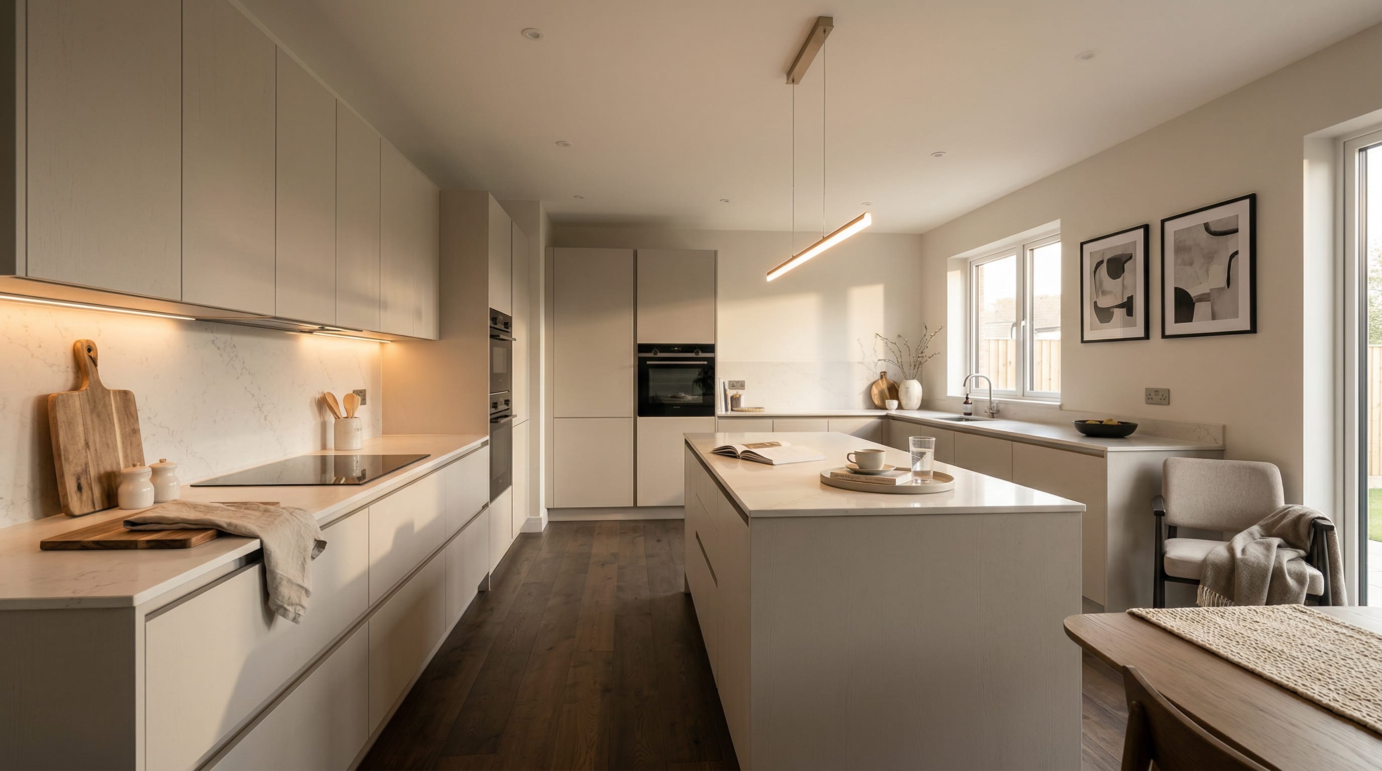 Wide view of a newly completed bespoke Mastercraft kitchen, matt painted handleless slab cabinetry in heritage green tones