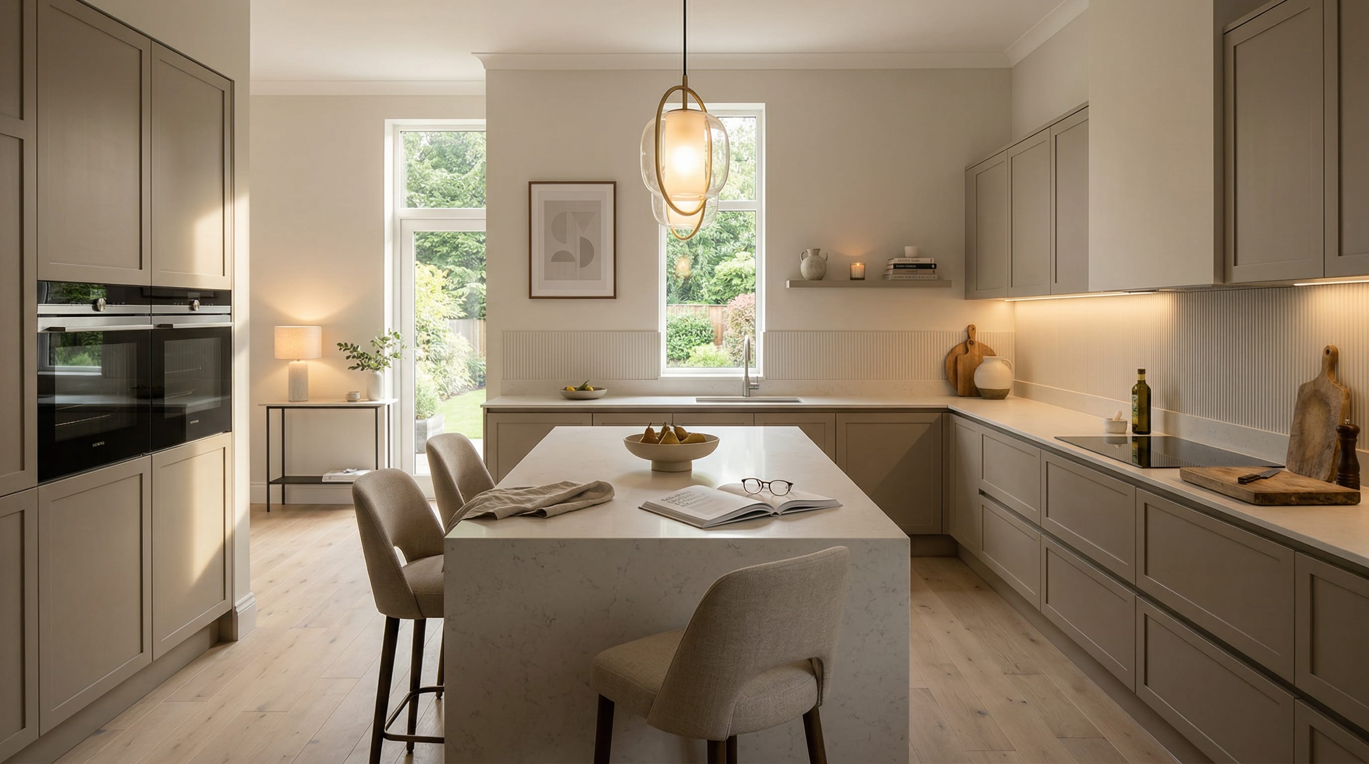 Wide view of a newly completed bespoke Mastercraft kitchen, timber veneer slab-door cabinetry in sage green tones
