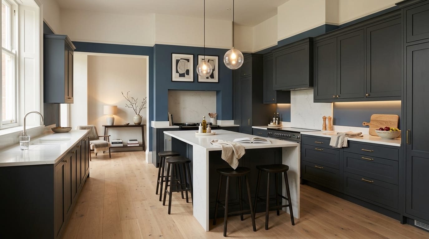 Wide view of a newly completed bespoke Mastercraft kitchen, timber veneer slab-door cabinetry in graphite tones
