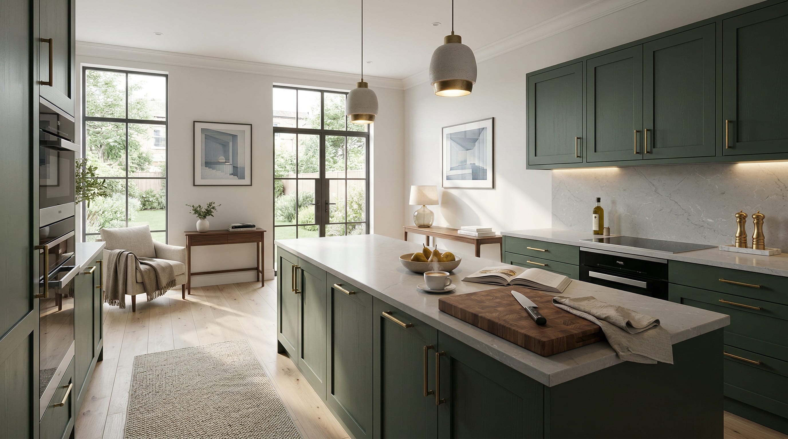 Wide view of a newly completed bespoke Mastercraft kitchen, modern shaker cabinetry in viridian tones