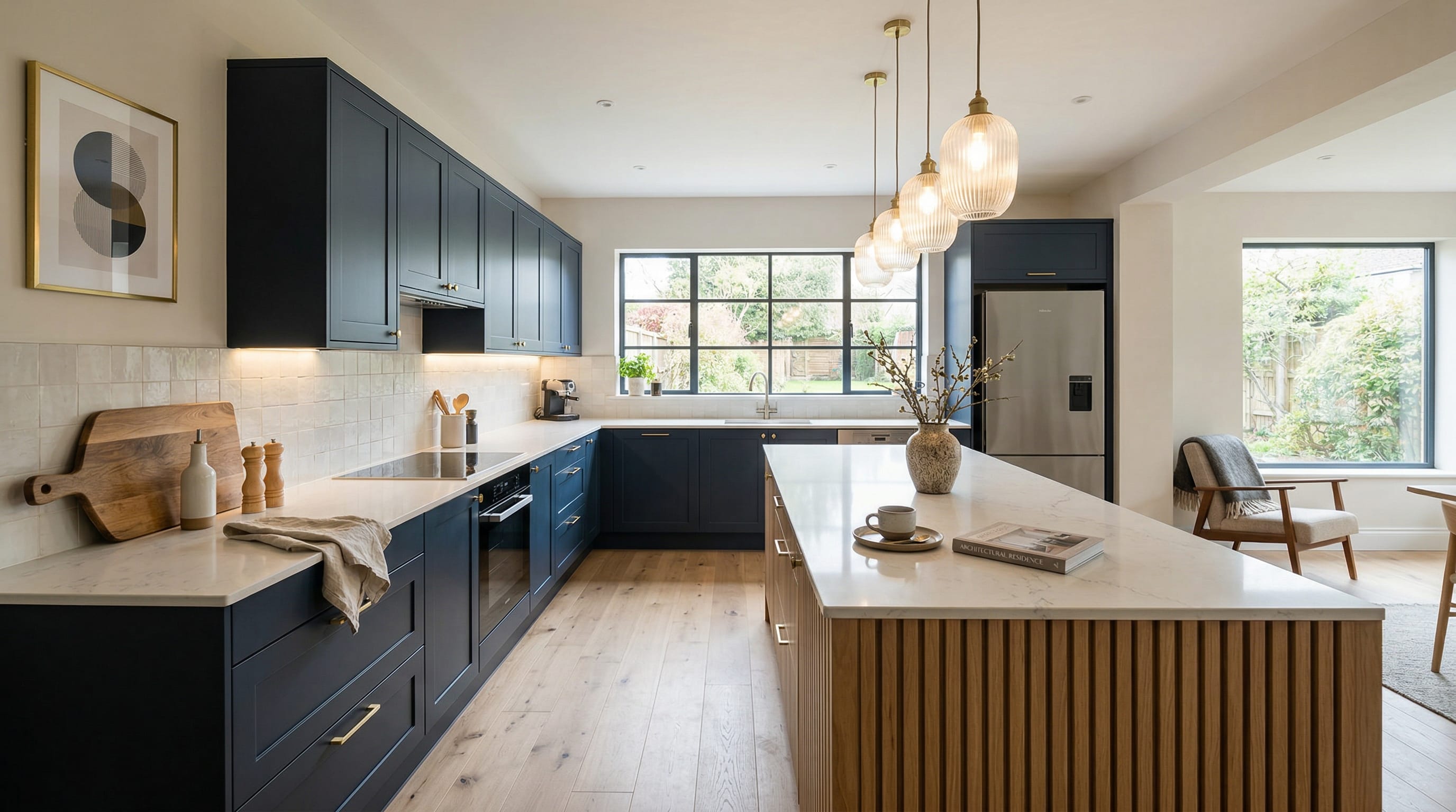 Wide view of a newly completed bespoke Mastercraft kitchen, contemporary painted lay-on cabinetry in mussel tones