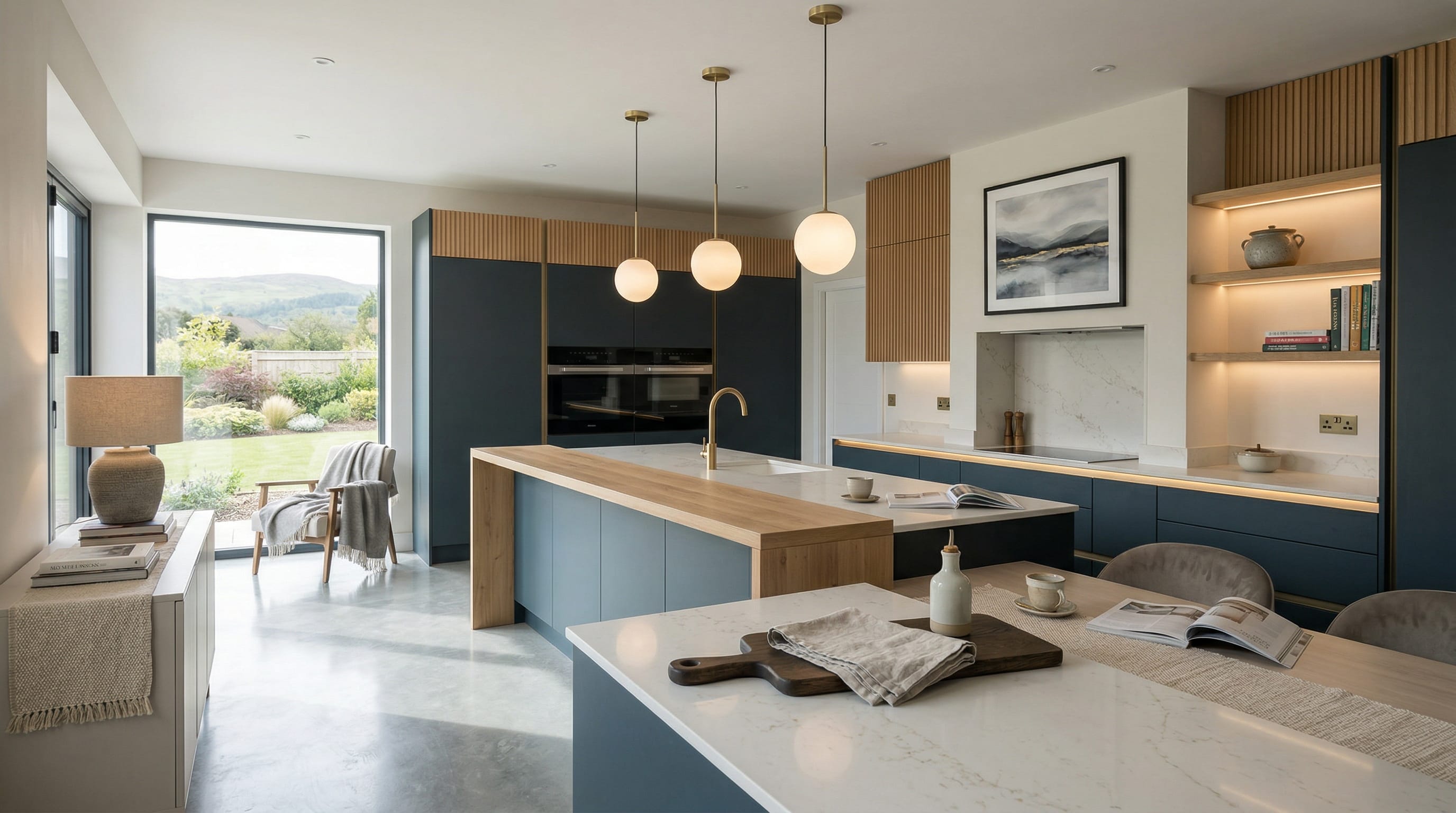 Wide view of a newly completed bespoke Mastercraft kitchen, matt painted handleless slab cabinetry in mussel tones