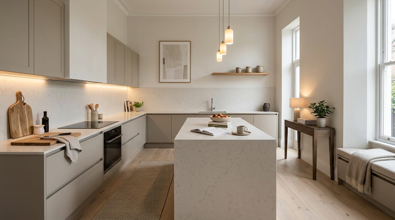 Wide view of a newly completed bespoke Mastercraft kitchen, contemporary painted lay-on cabinetry in pantry blue tones