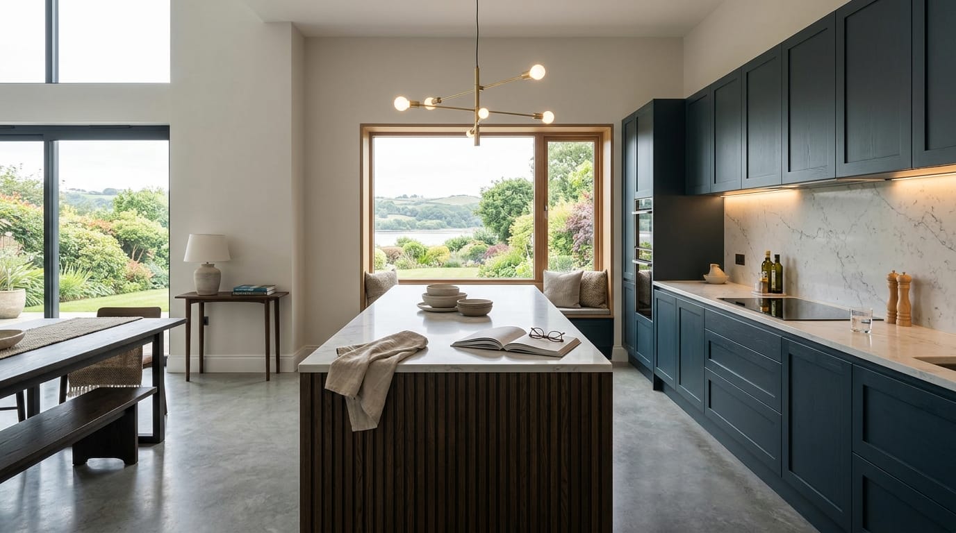 Wide view of a newly completed bespoke Mastercraft kitchen, contemporary painted lay-on cabinetry in reed green tones
