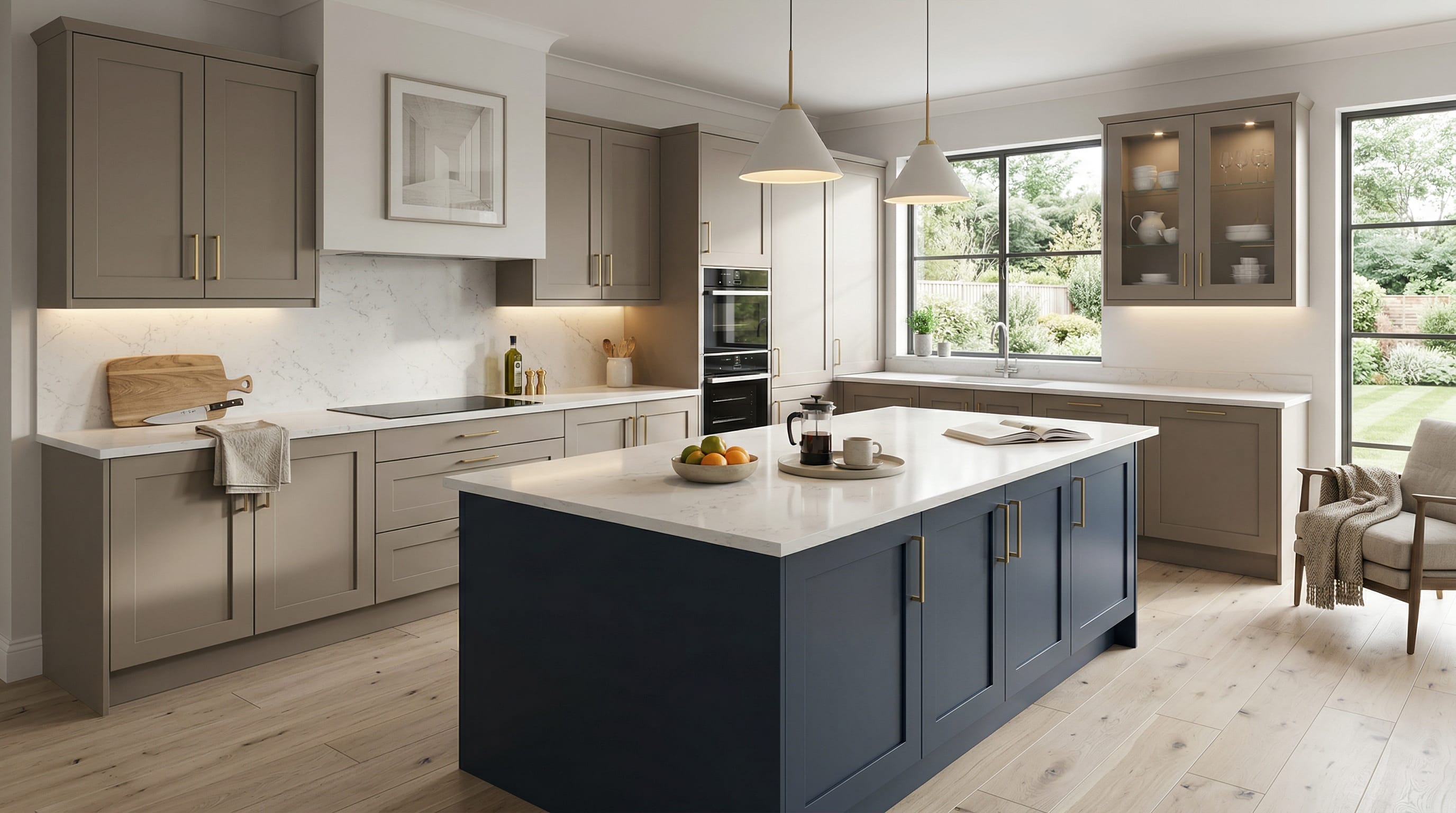 Wide view of a newly completed bespoke Mastercraft kitchen, modern shaker cabinetry in marine tones