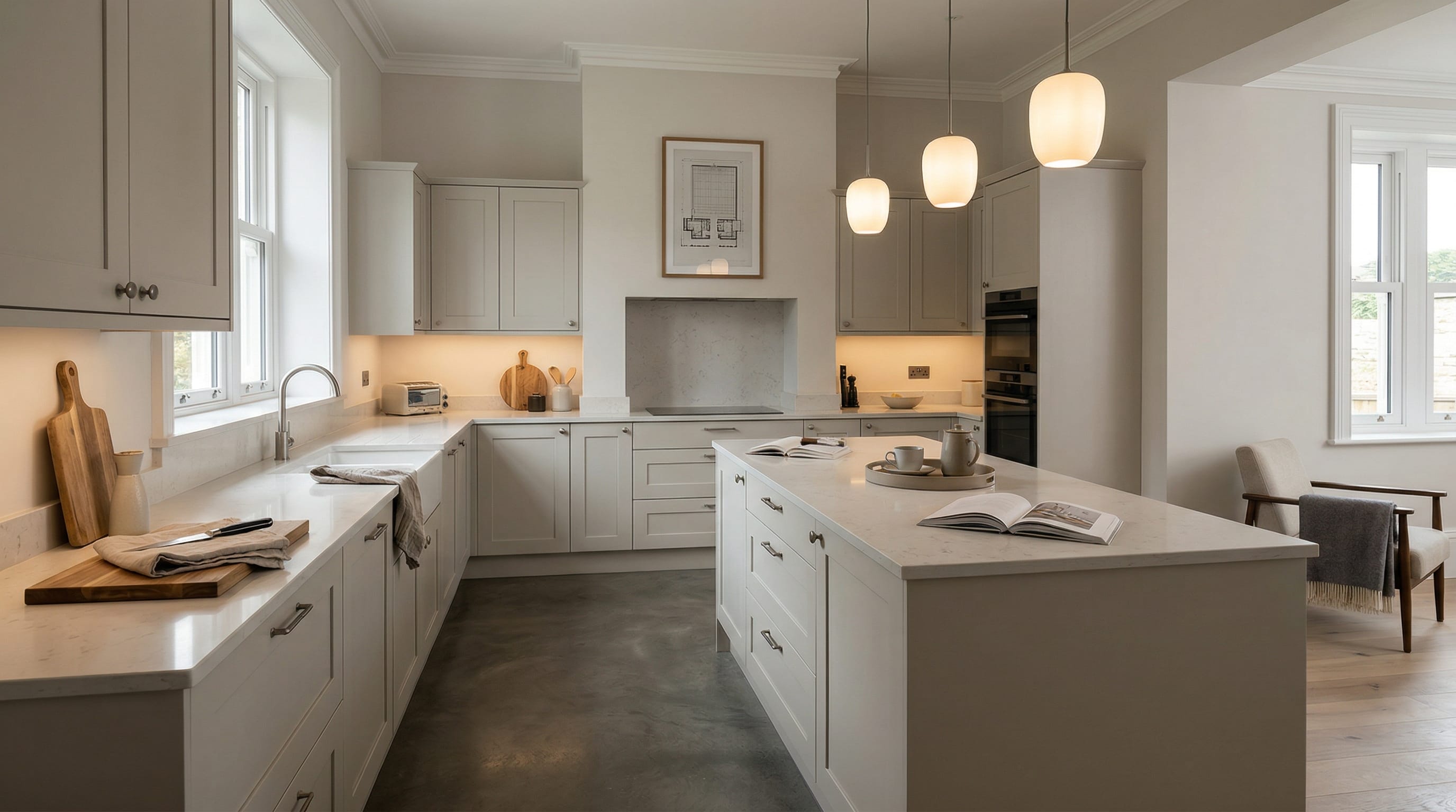 Wide view of a newly completed bespoke Mastercraft kitchen, contemporary painted lay-on cabinetry in stone grey tones