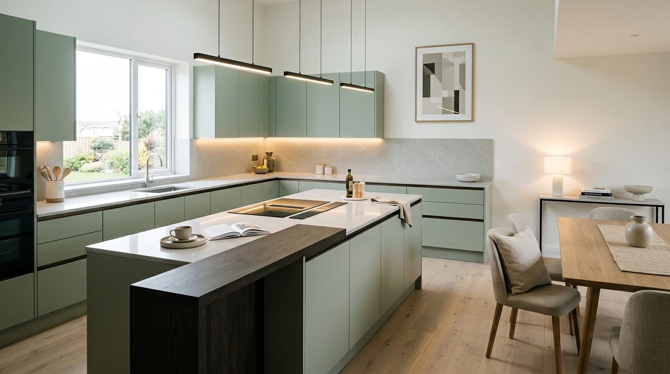 Wide view of a newly completed bespoke Mastercraft kitchen, modern shaker cabinetry in heritage green tones