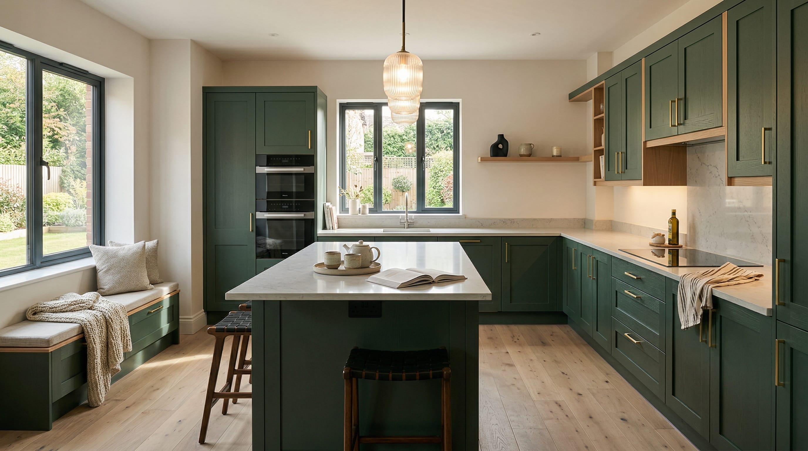 Wide view of a newly completed bespoke Mastercraft kitchen, contemporary painted lay-on cabinetry in shell tones