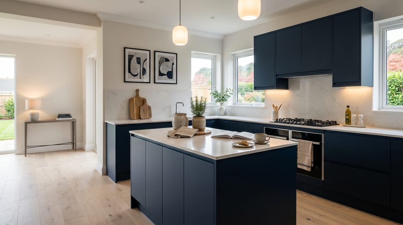 Wide view of a newly completed bespoke Mastercraft kitchen, contemporary painted lay-on cabinetry in stone tones