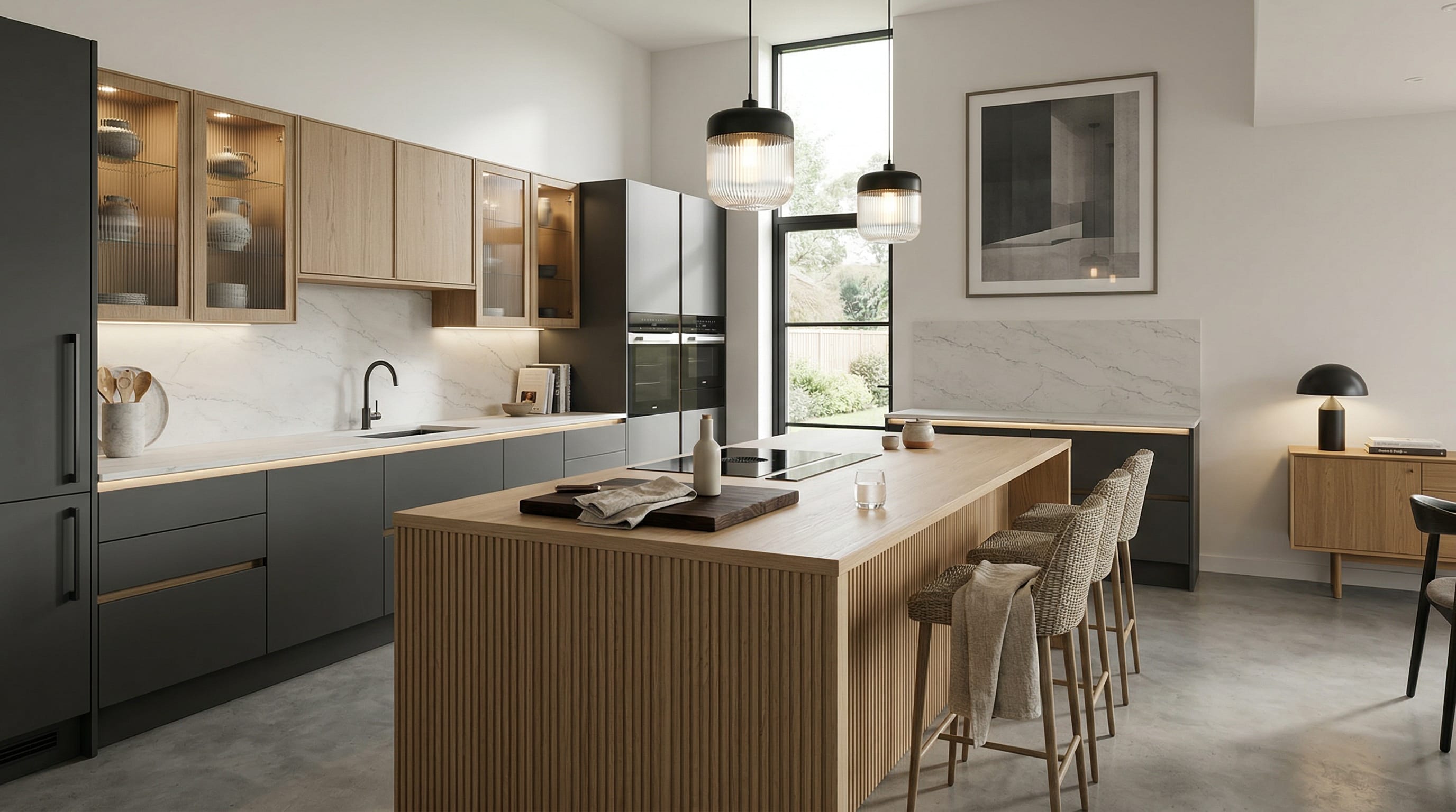 Wide view of a newly completed bespoke Mastercraft kitchen, contemporary in-frame cabinetry in pantry blue tones