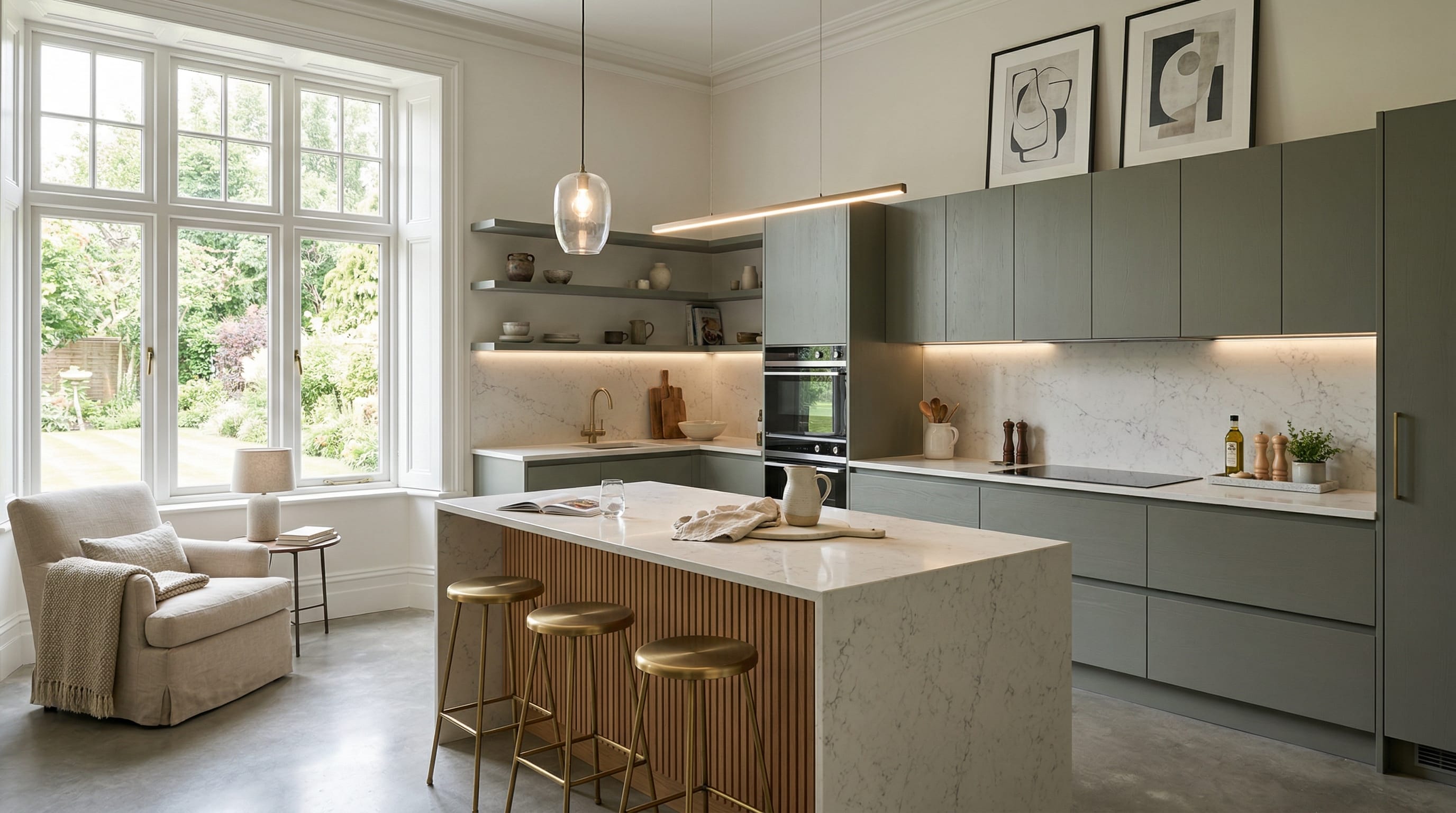 Wide view of a newly completed bespoke Mastercraft kitchen, matt painted handleless slab cabinetry in graphite tones