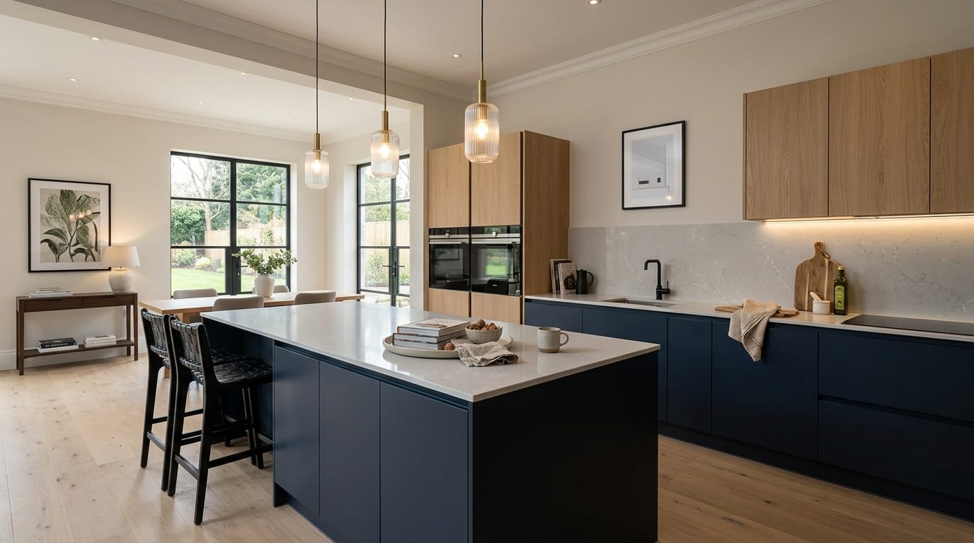Wide view of a newly completed bespoke Mastercraft kitchen, matt painted handleless slab cabinetry in reed green tones