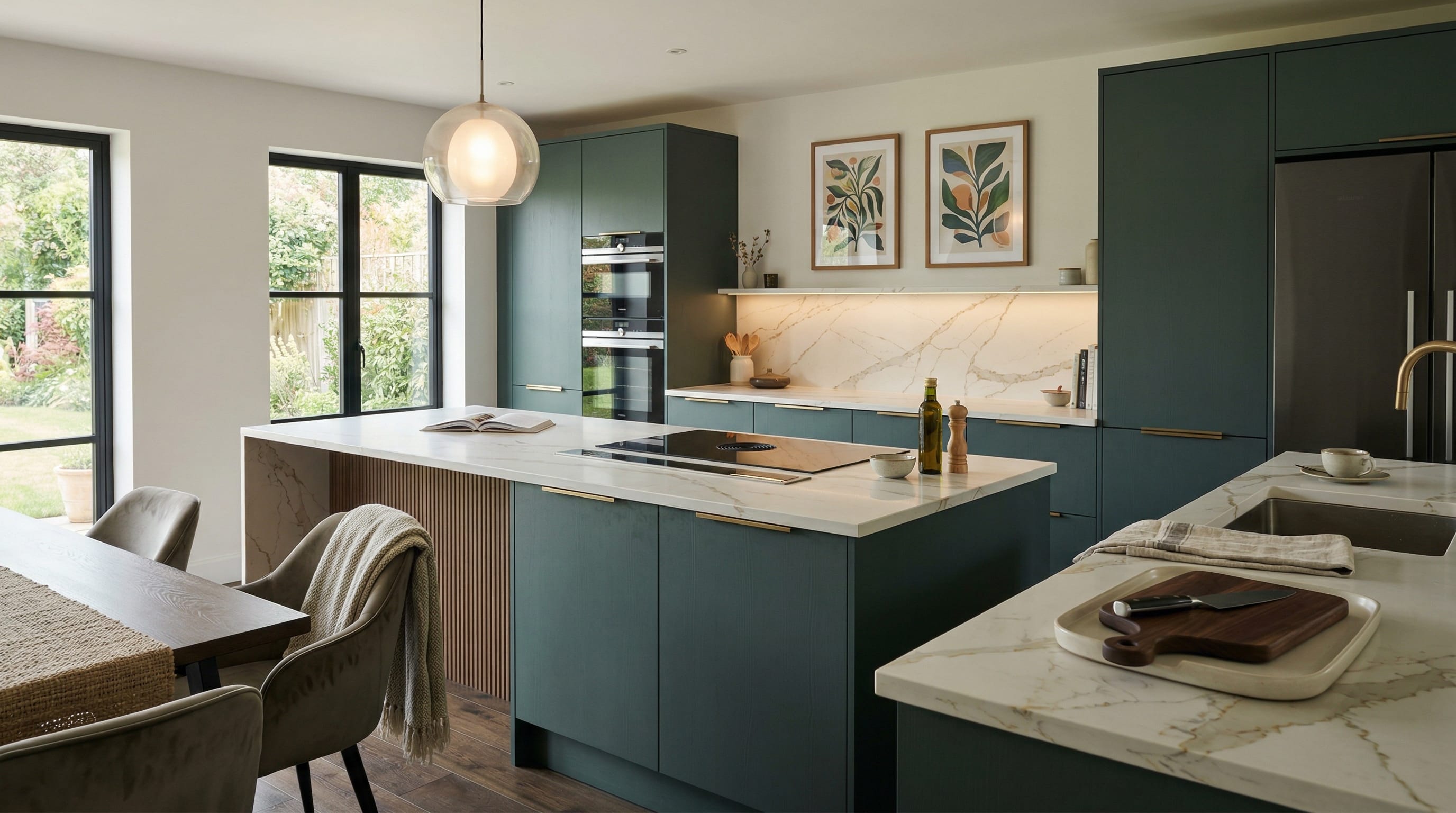 Wide view of a newly completed bespoke Mastercraft kitchen, contemporary painted lay-on cabinetry in stone grey tones