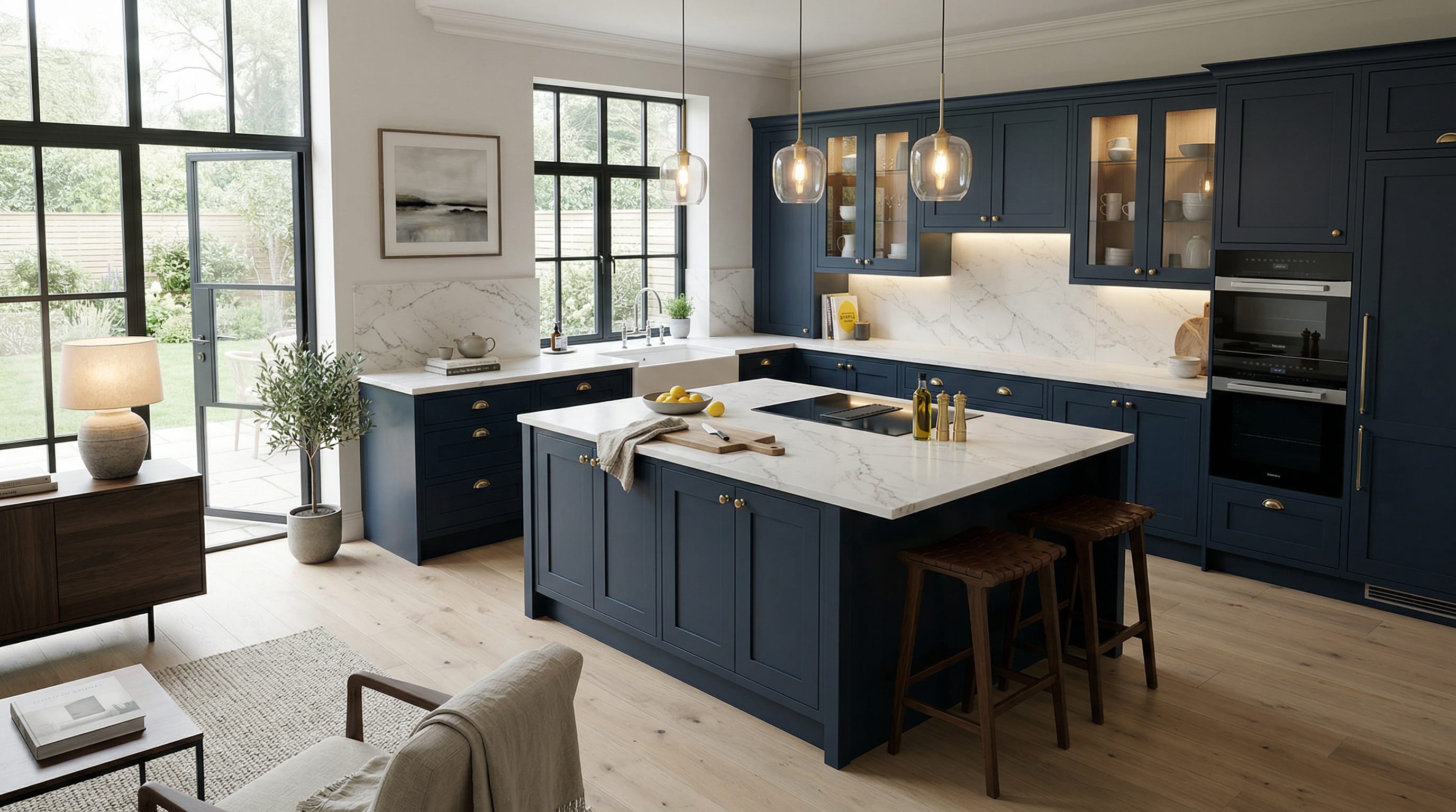 Wide view of a newly completed bespoke Mastercraft kitchen, modern shaker cabinetry in gunmetal grey tones