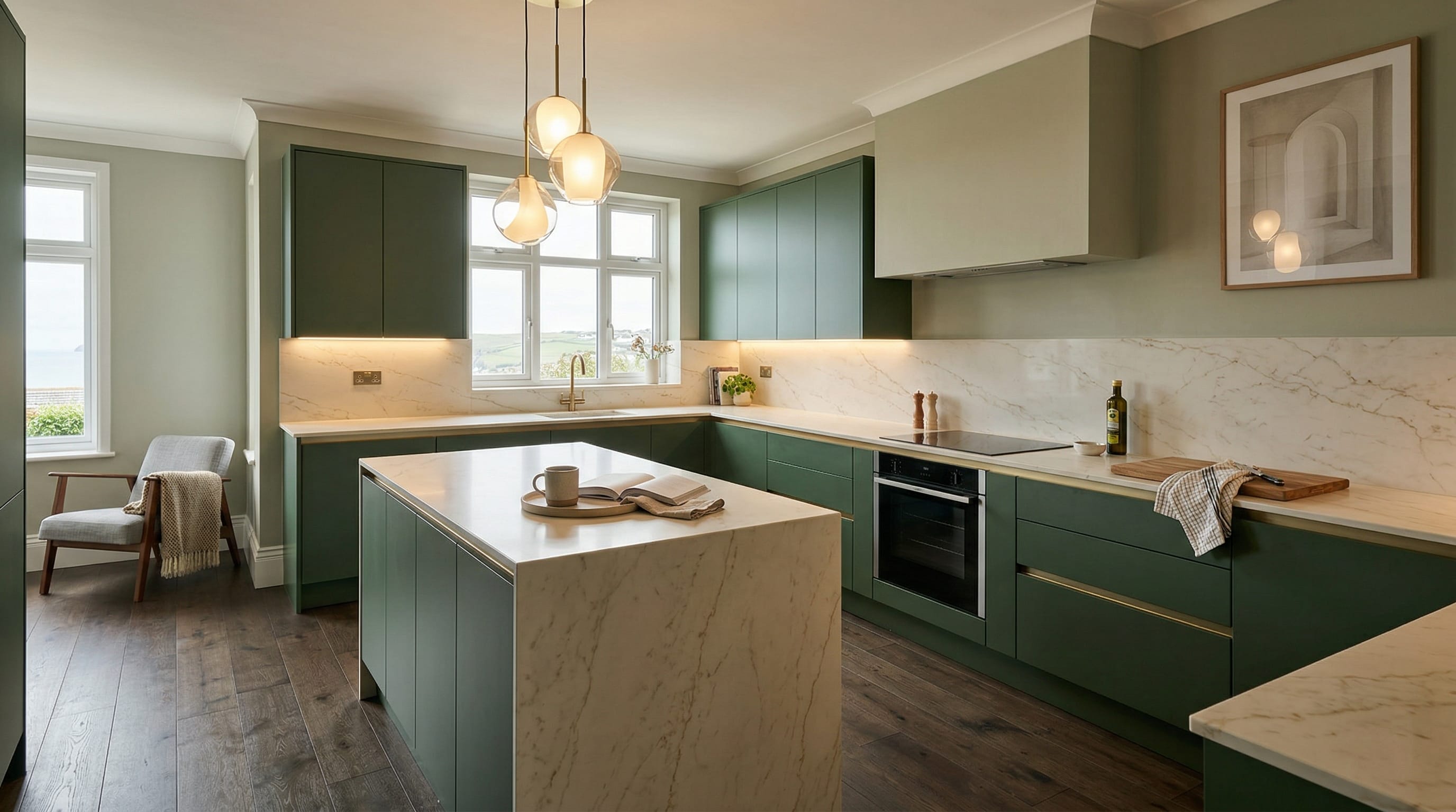 Wide view of a newly completed bespoke Mastercraft kitchen, modern shaker cabinetry in ivory tones
