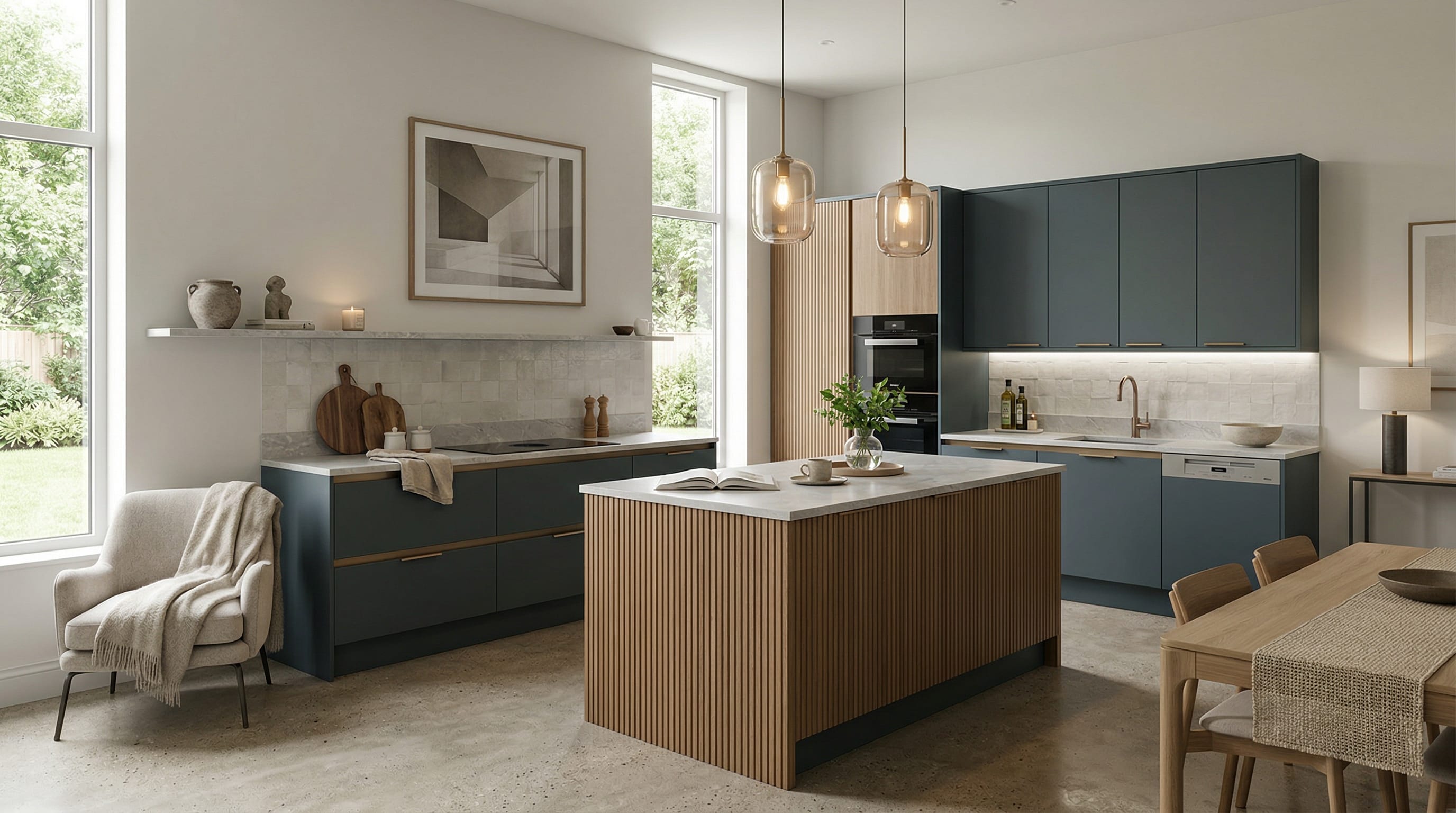 Wide view of a newly completed bespoke Mastercraft kitchen, contemporary painted lay-on cabinetry in shell tones