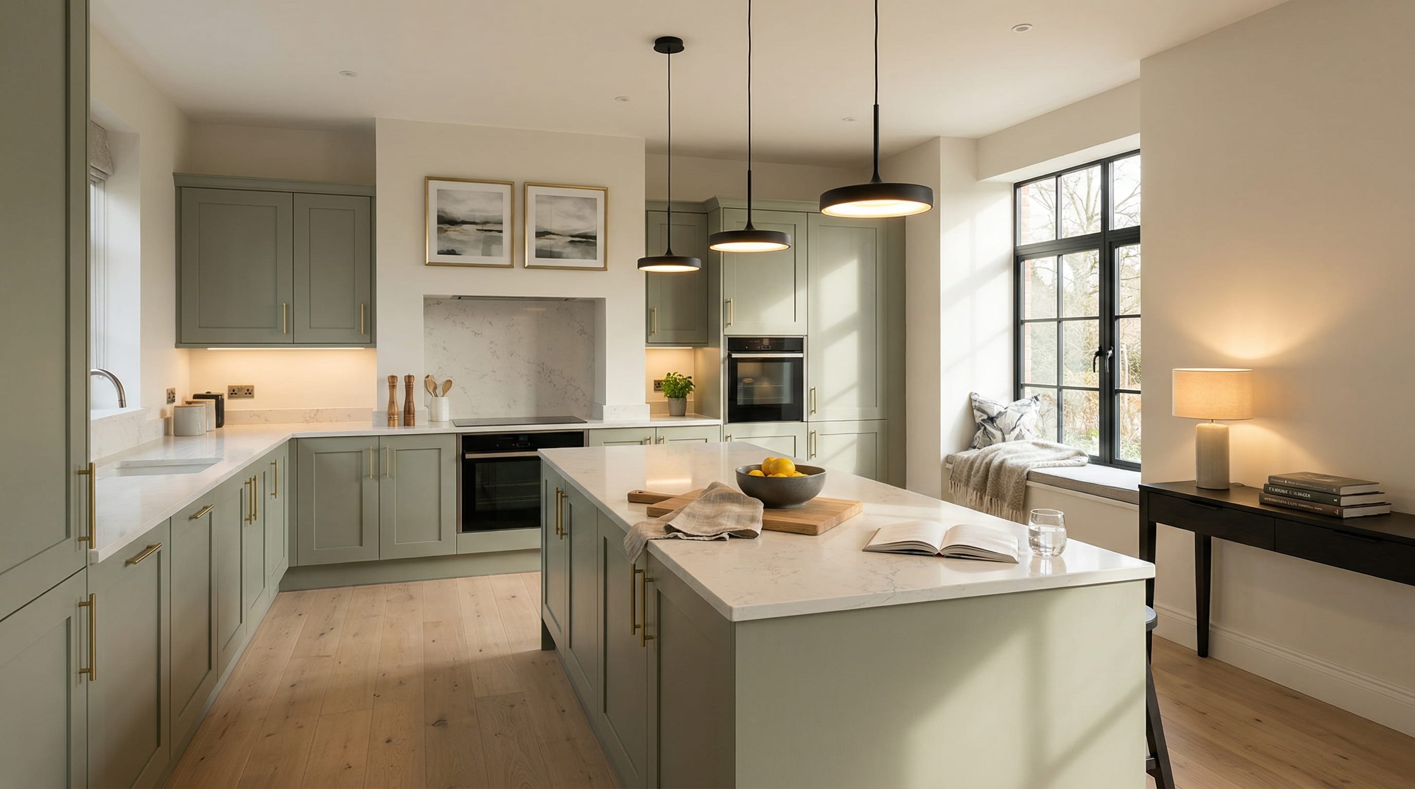 Wide view of a newly completed bespoke Mastercraft kitchen, modern shaker cabinetry in lava tones