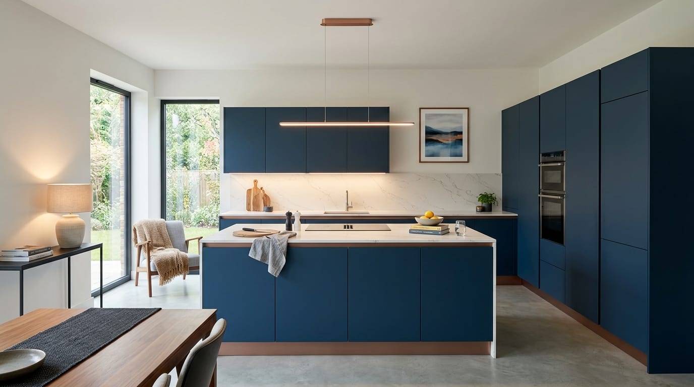 Wide view of a newly completed bespoke Mastercraft kitchen, modern shaker cabinetry in shell tones