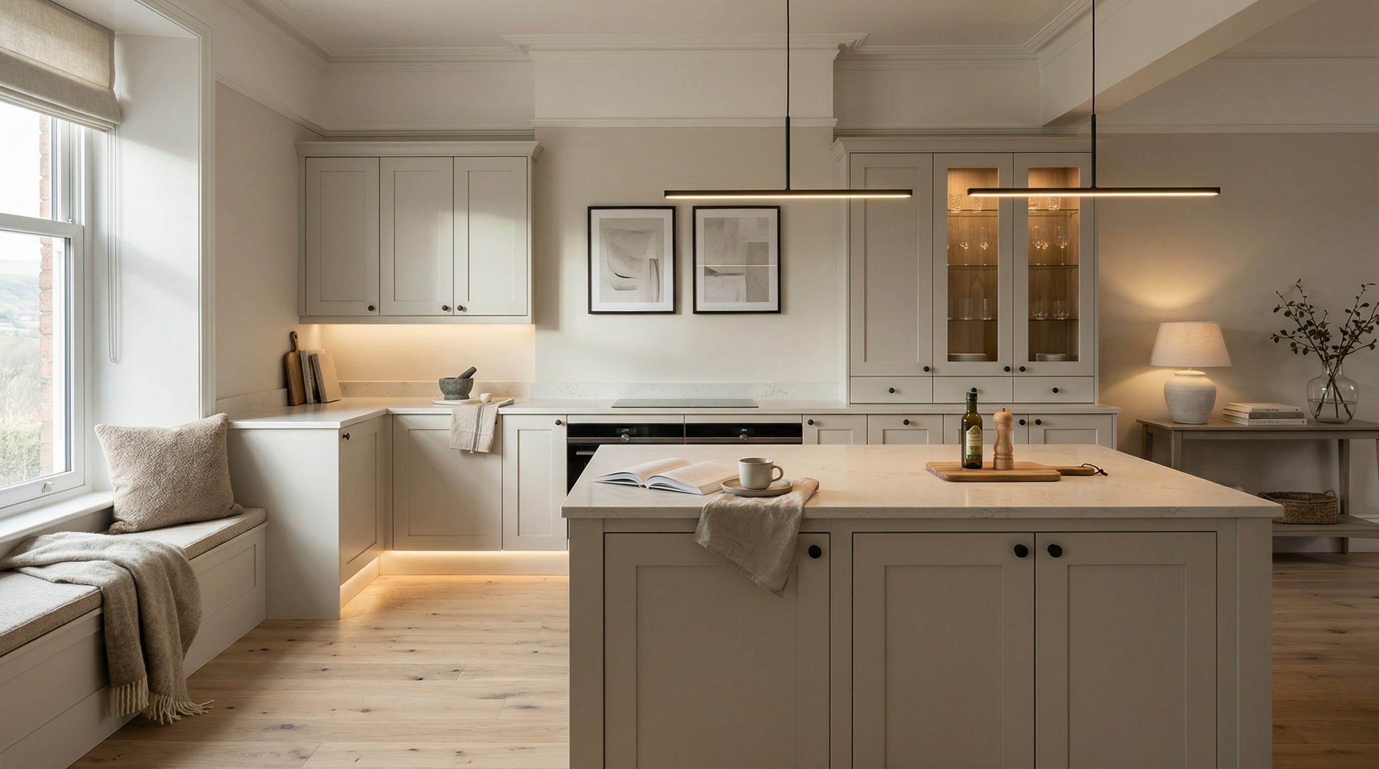 Wide view of a newly completed bespoke Mastercraft kitchen, timber veneer slab-door cabinetry in sage green tones