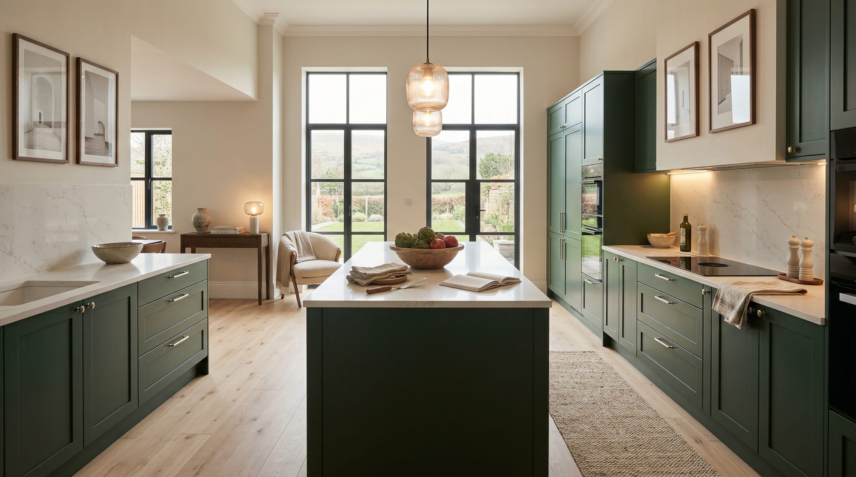 Wide view of a newly completed bespoke Mastercraft kitchen, matt painted handleless slab cabinetry in slate blue tones