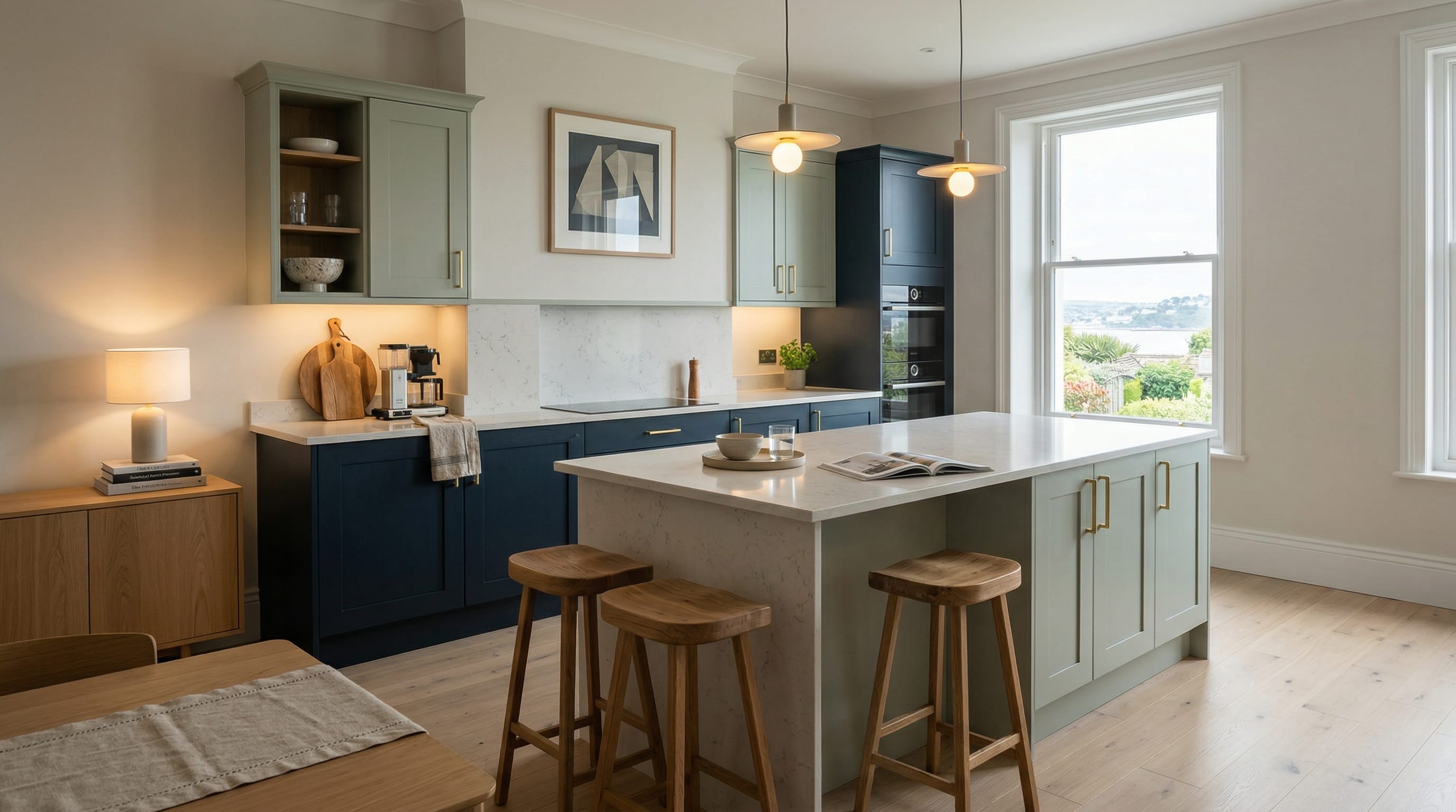 Wide view of a newly completed bespoke Mastercraft kitchen, timber veneer slab-door cabinetry in stone tones