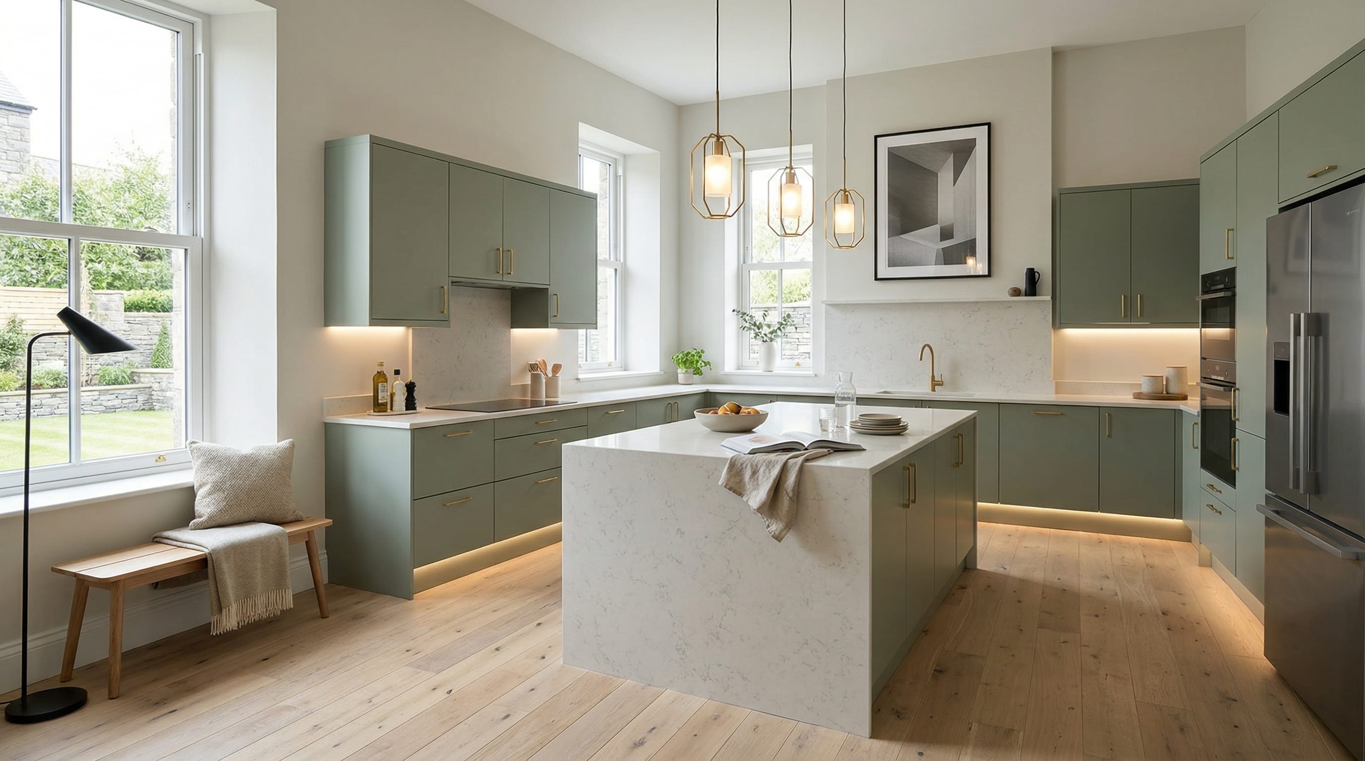 Wide view of a newly completed bespoke Mastercraft kitchen, contemporary painted lay-on cabinetry in light teal tones