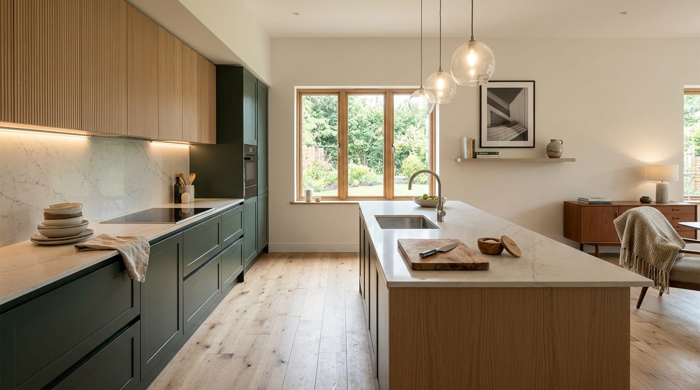 Wide view of a newly completed bespoke Mastercraft kitchen, matt painted handleless slab cabinetry in viridian tones