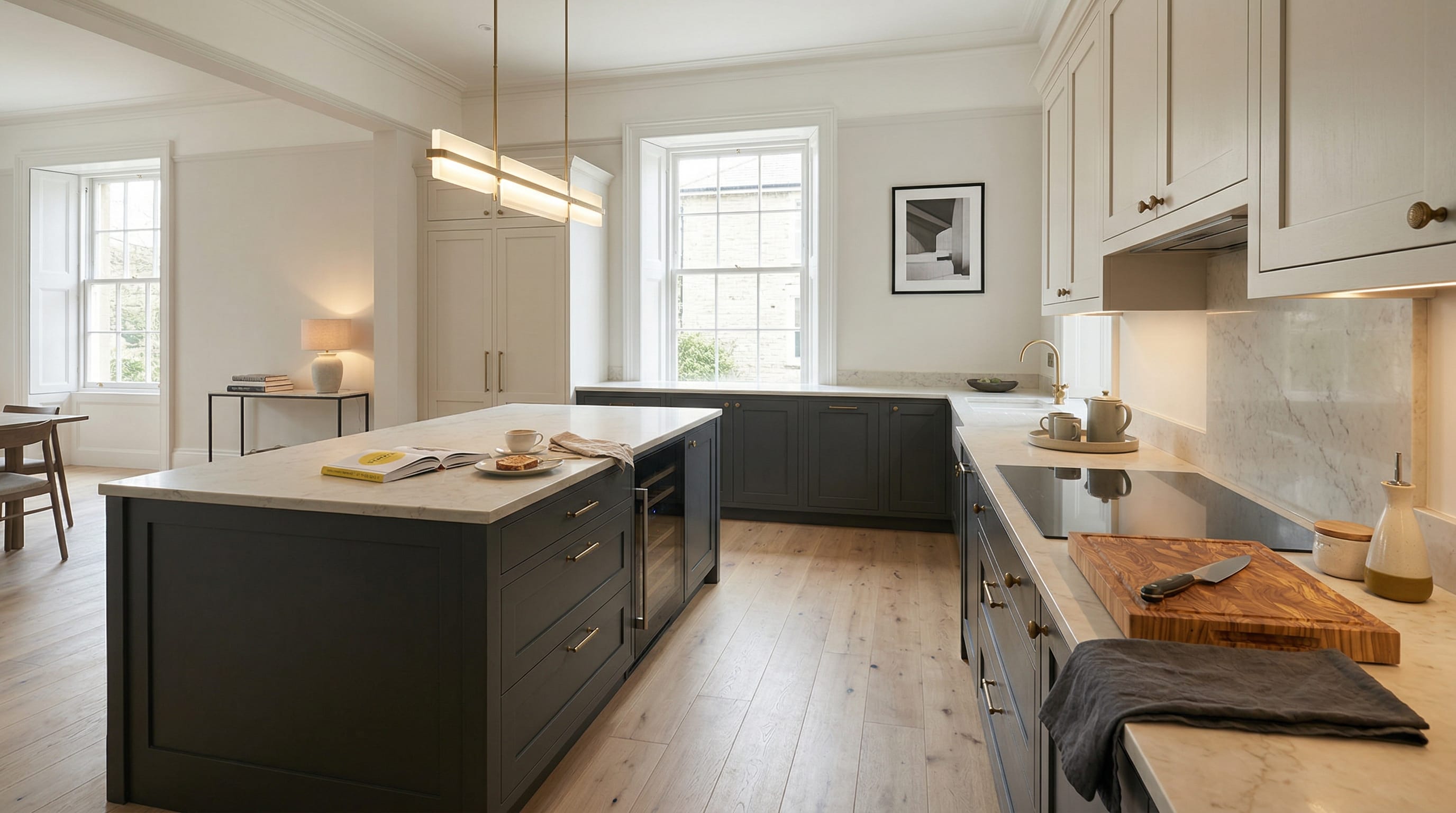 Wide view of a newly completed bespoke Mastercraft kitchen, contemporary painted lay-on cabinetry in stone grey tones
