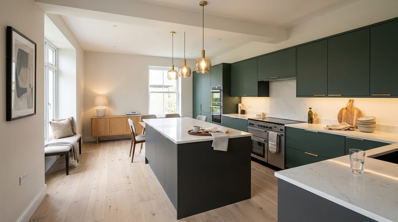 Wide view of a newly completed bespoke Mastercraft kitchen, contemporary in-frame cabinetry in graphite tones