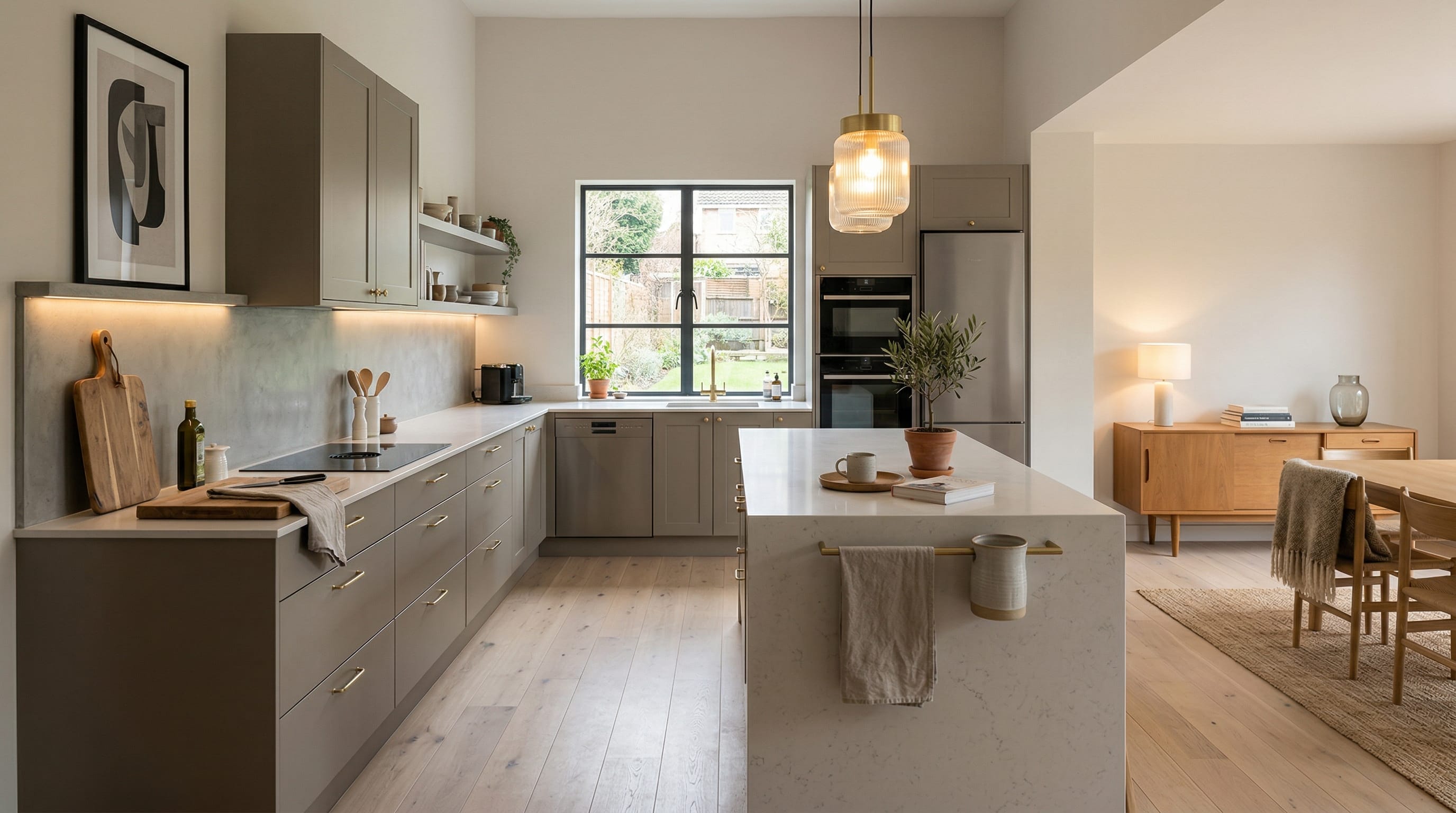 Wide view of a newly completed bespoke Mastercraft kitchen, matt painted handleless slab cabinetry in heritage green tones